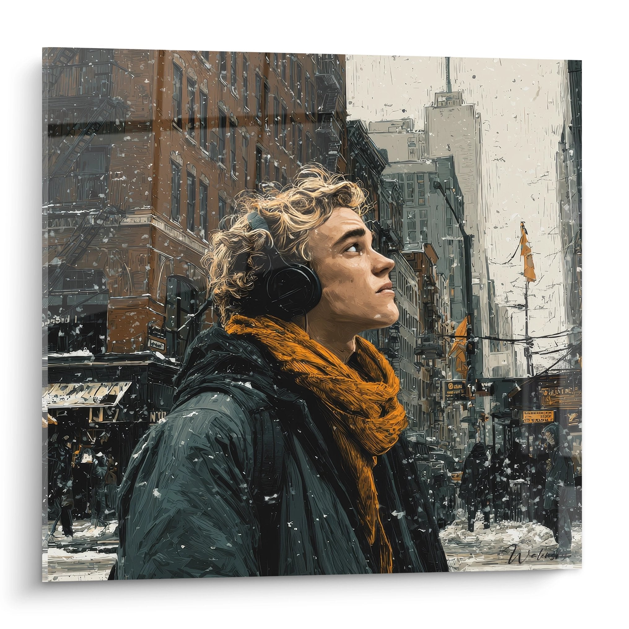Tableau mural jeune femme casque audio New York enneigé écharpe orange street art urbain moderne