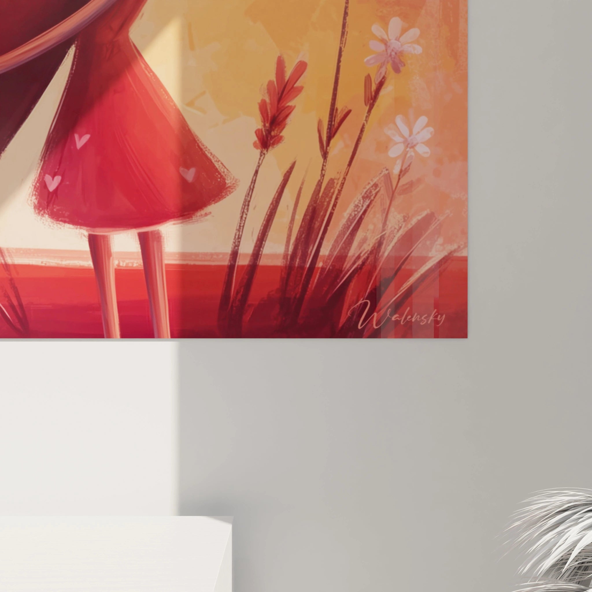 Tableau mural Walensky tableau jeune fille cœur peinture chaleureuse robe rouge petits cœurs herbes fleuries décor chambre