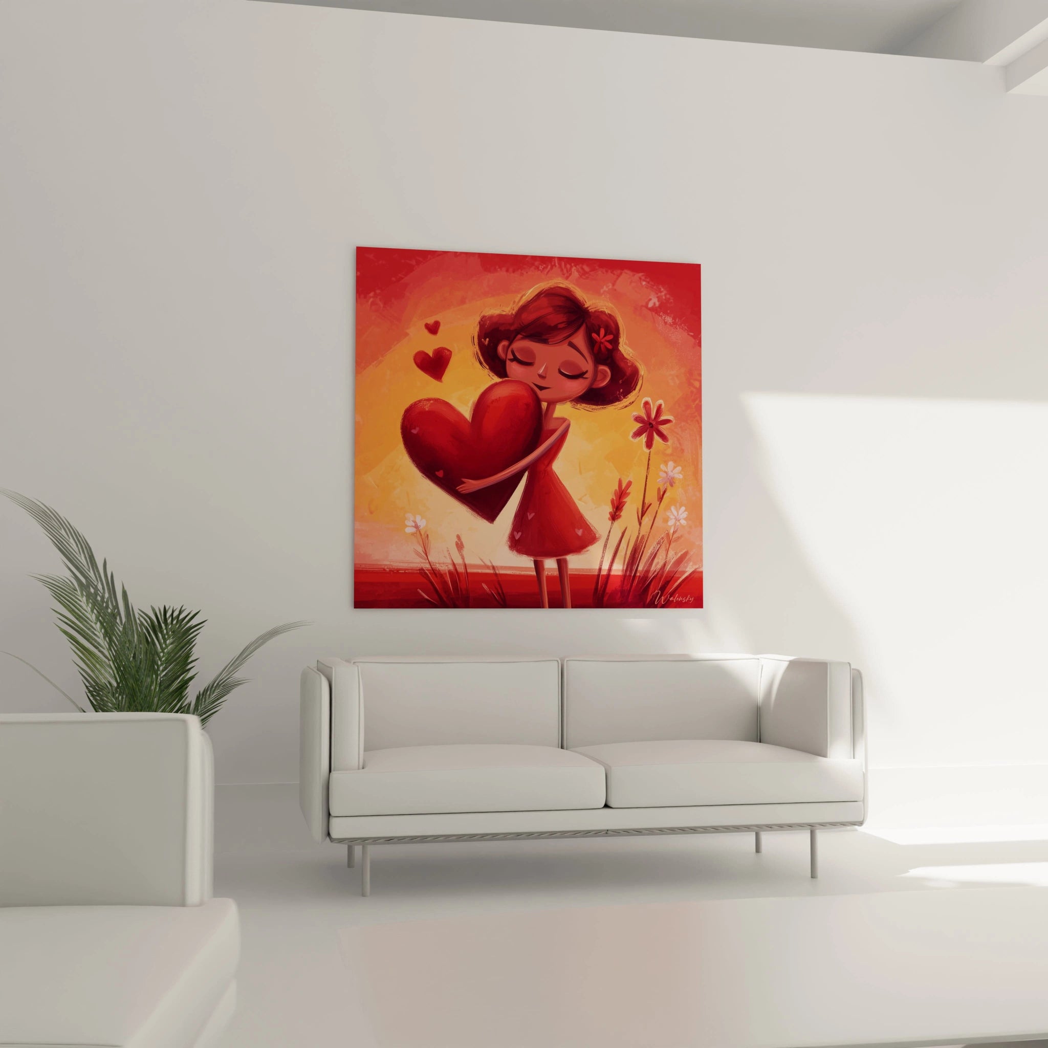 Walensky tableau jeune fille cœur sur toile murale carrée rouge et orange fillette tenant un grand coeur