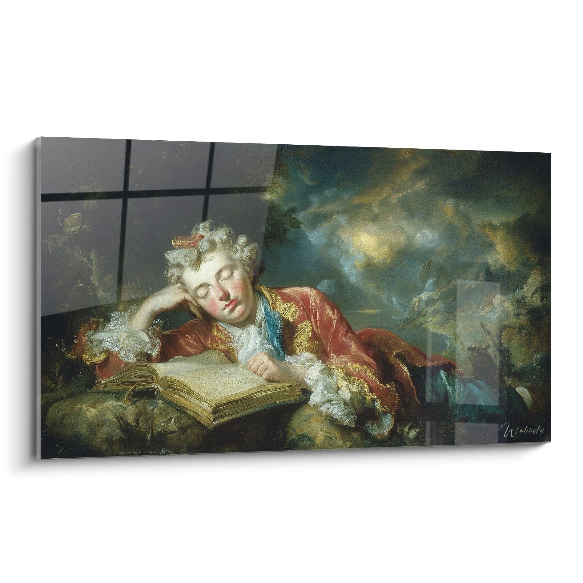 Walensky tableau mural représentant un tableau rococo jeune homme endormi sur un livre, costumes et nuages