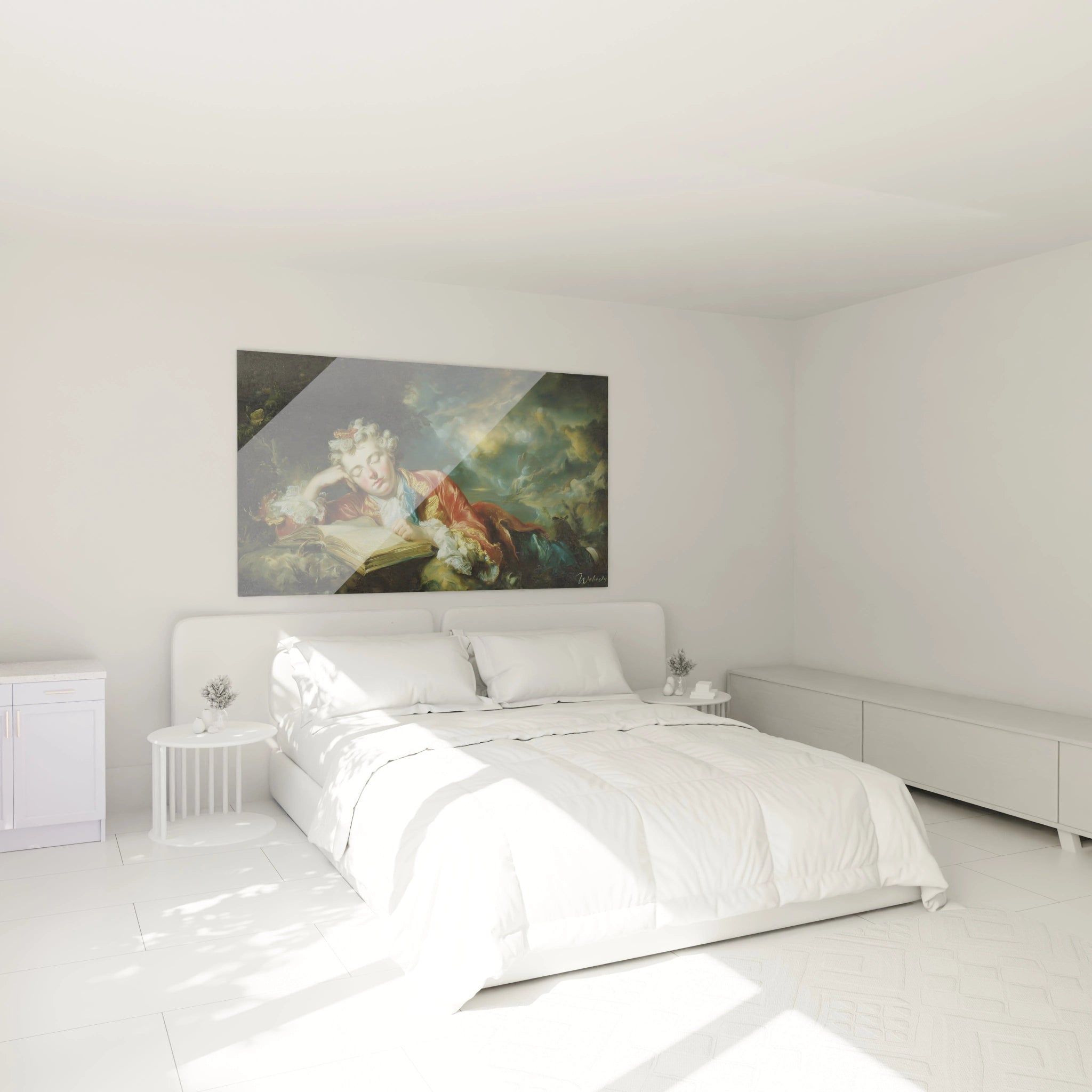 tableau rococo jeune homme Walensky accroché au dessus d un lit blanc minimaliste dans une chambre lumineuse