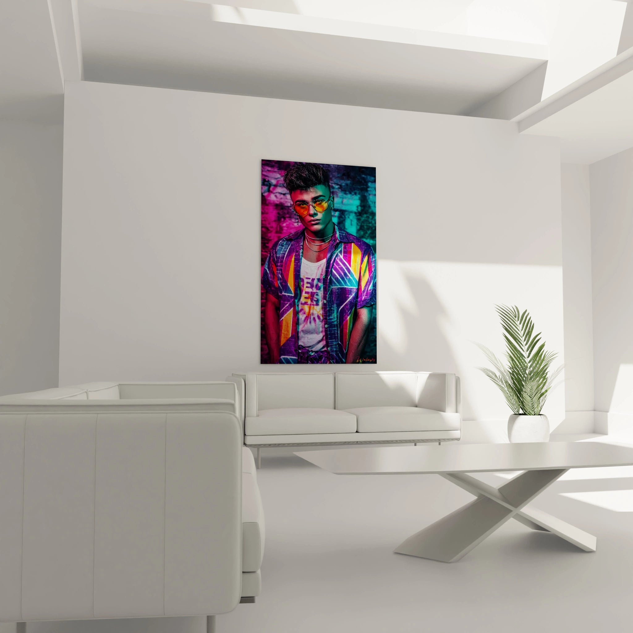 Tableau mural streetwear jeune urbain avec un jeune homme coloré dans un intérieur moderne