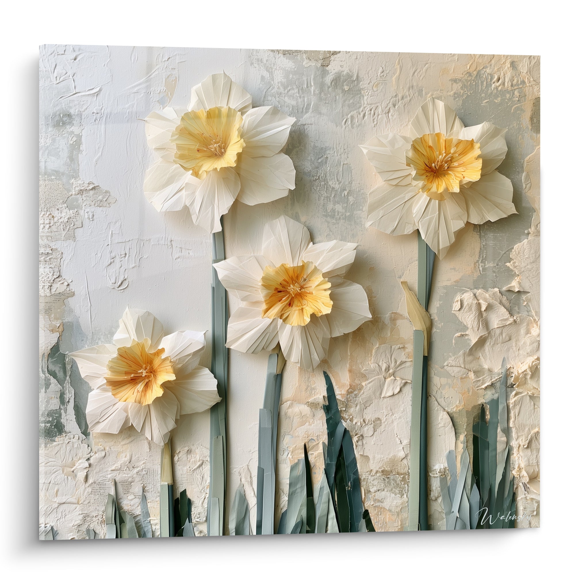 Jonquilles blanches et jaune doré aux cœurs safranés sur fond texturé beige et gris