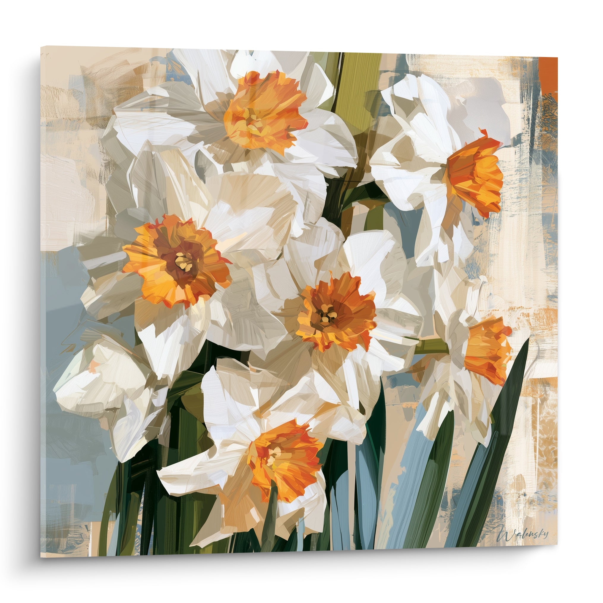 Jonquilles blanches aux cœurs orange vif, composition picturale sur fond bleu pastel et beige
