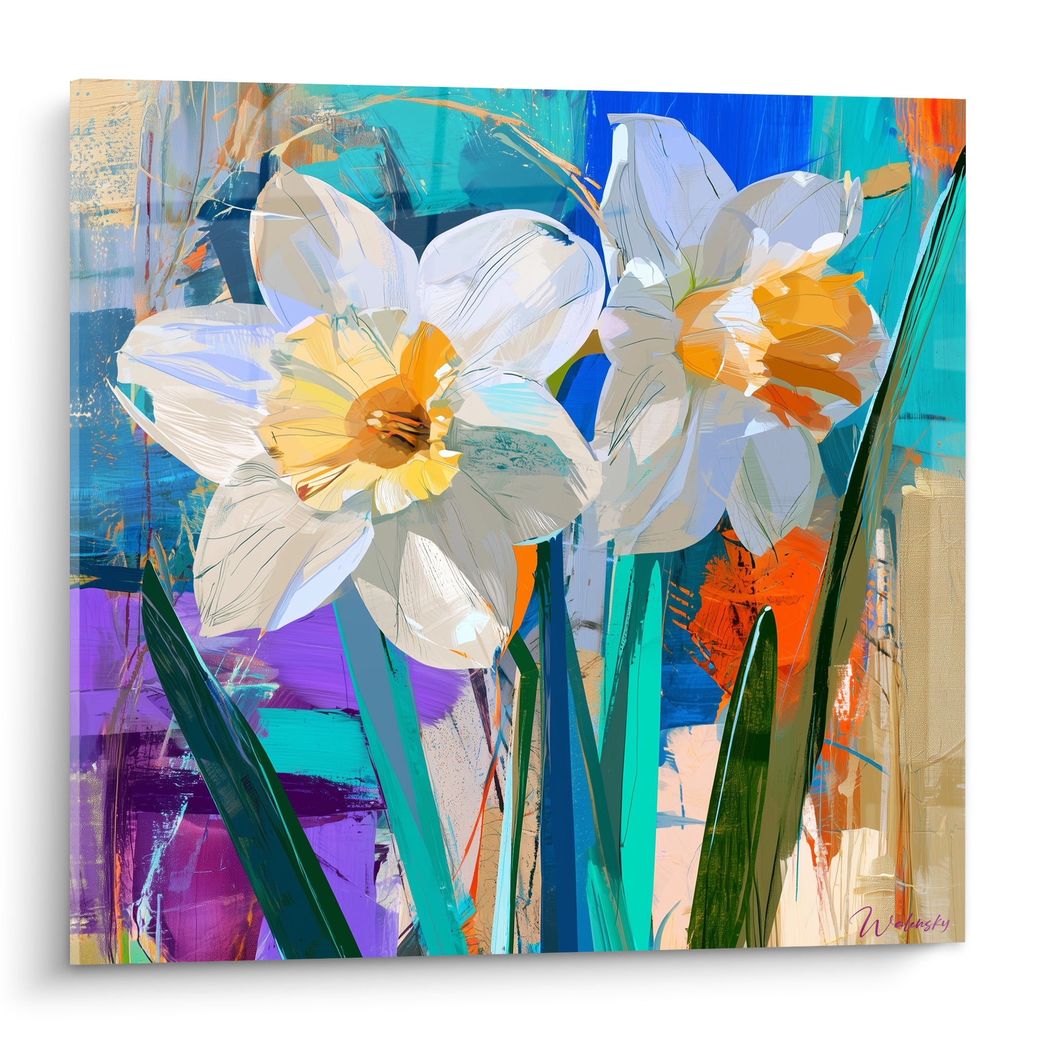Jonquilles blanches aux cœurs orangés sur fond turquoise, violet et bleu, style pictural expressif
