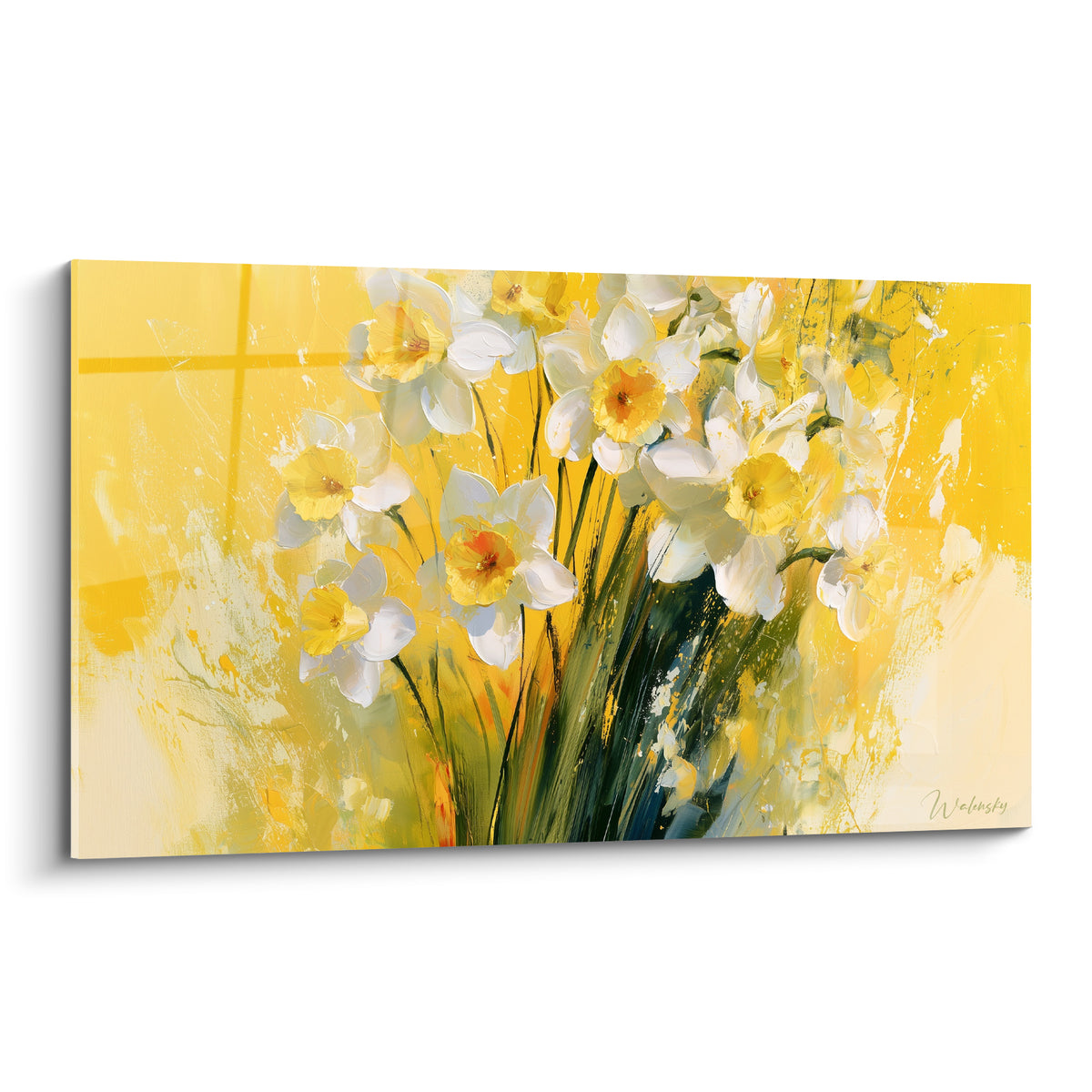 Jonquilles blanches aux cœurs orangés peintes sur fond jaune doré texturé, bouquet dense et lumineux