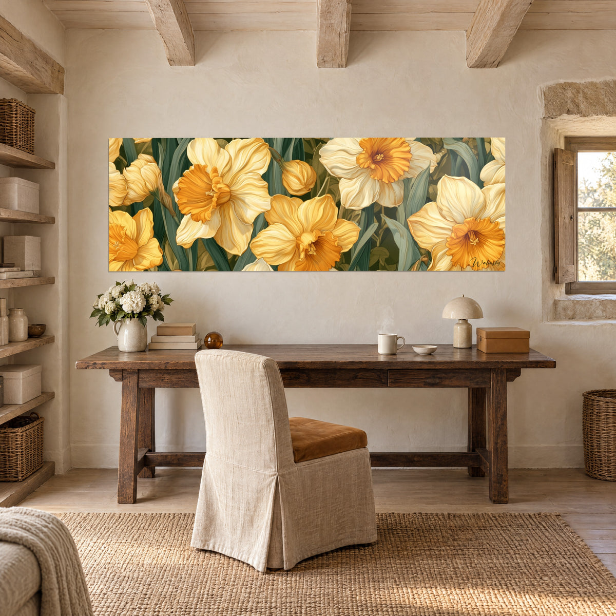 Πίνακας με floral ζωφόρο από νάρκισσους σε κρεμ λευκό με κρόκινες τρομπέτες σε ελιά φόντο, στον τοίχο ενός ξύλινου γραφείου