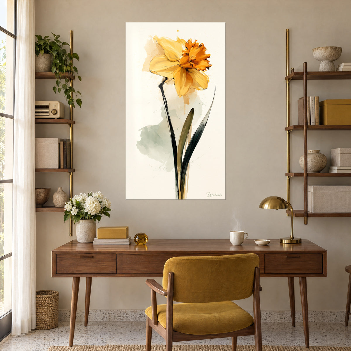 Quadro narciso con disegno a inchiostro nero e lavaggio verde salvia su fondo avorio, appeso sopra una scrivania di legno e una sedia senape