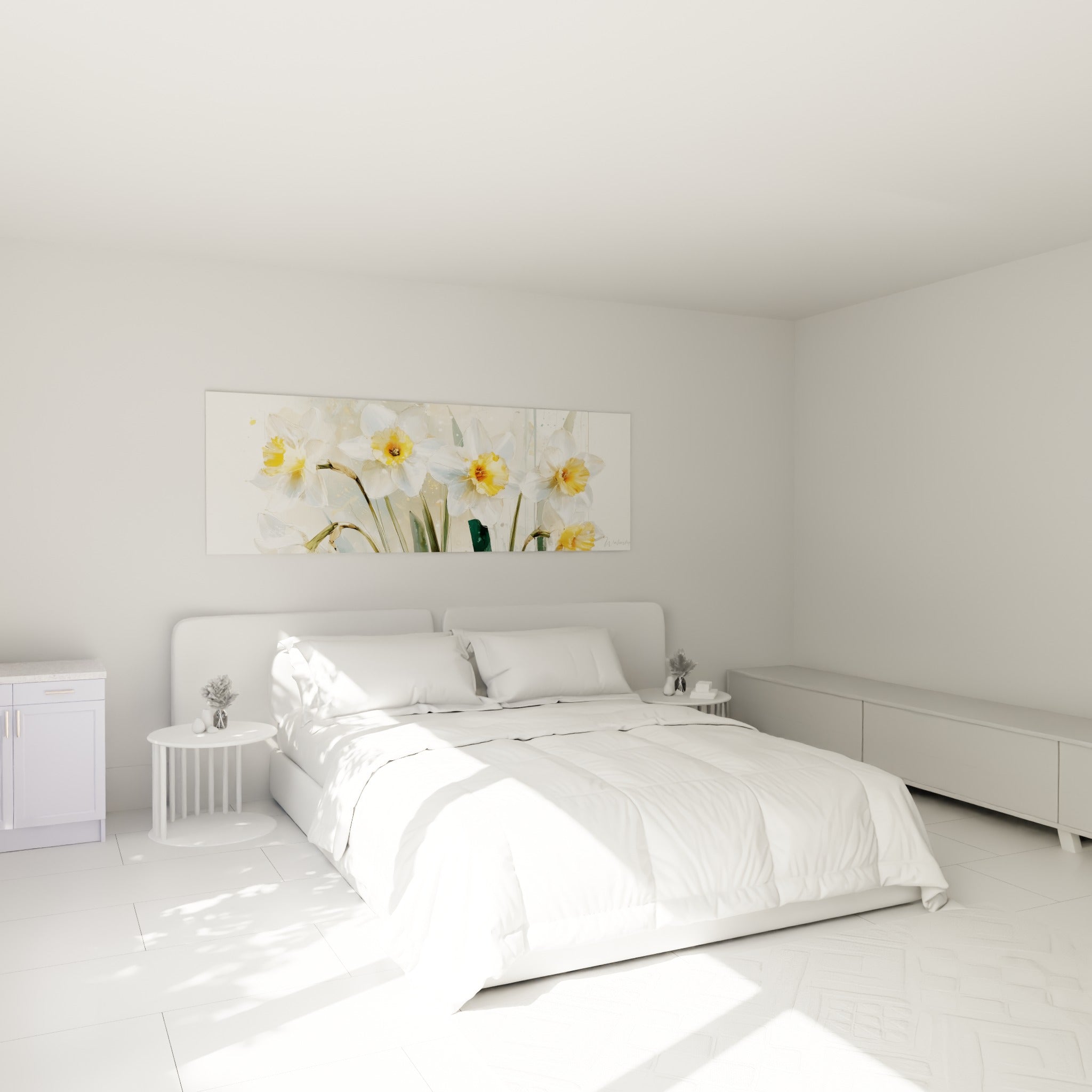 Bouquet de jonquilles blanches aux cœurs dorés accroché au-dessus d'un lit dans une chambre claire