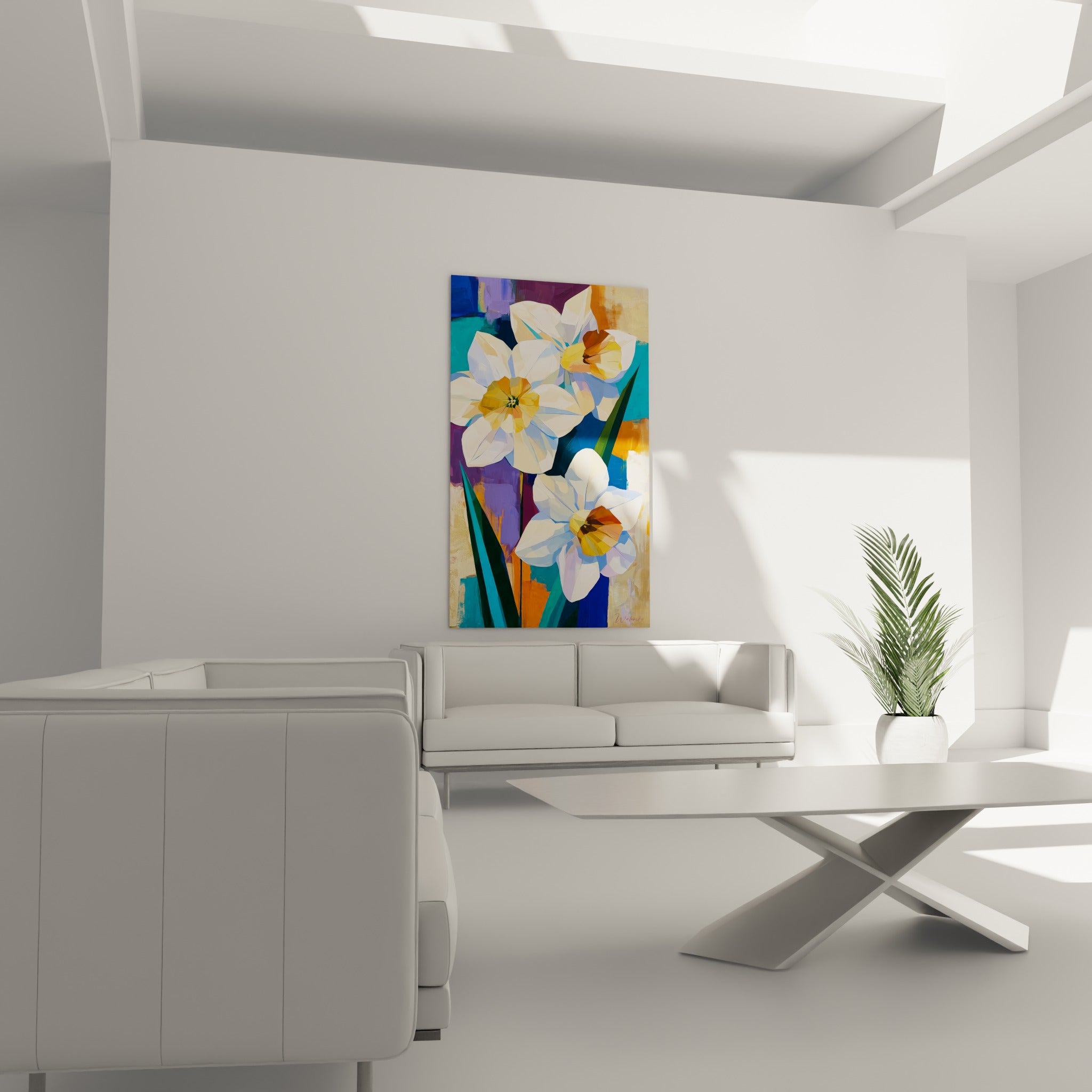Fleurs de jonquille blanches sur fond violet et turquoise au-dessus d'un canapé dans un salon lumineux