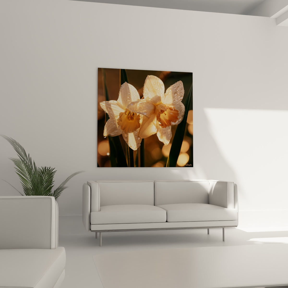 Pétales de jonquille blancs et cœurs dorés scintillants de rosée, au-dessus d'un canapé dans un salon lumineux