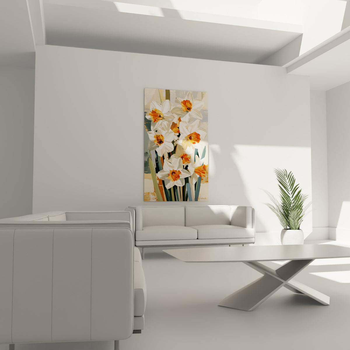 Fleurs de jonquille blanches aux cœurs orange vif au-dessus d'un canapé dans un salon lumineux