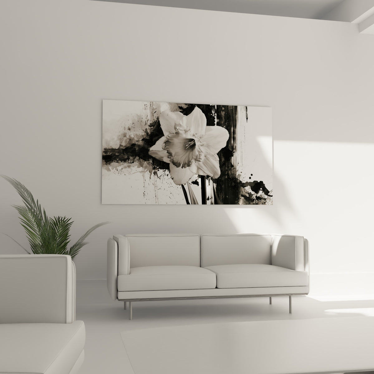 Pétales de jonquille blancs contrastant avec des coulures noires, au-dessus d'un canapé dans un salon lumineux