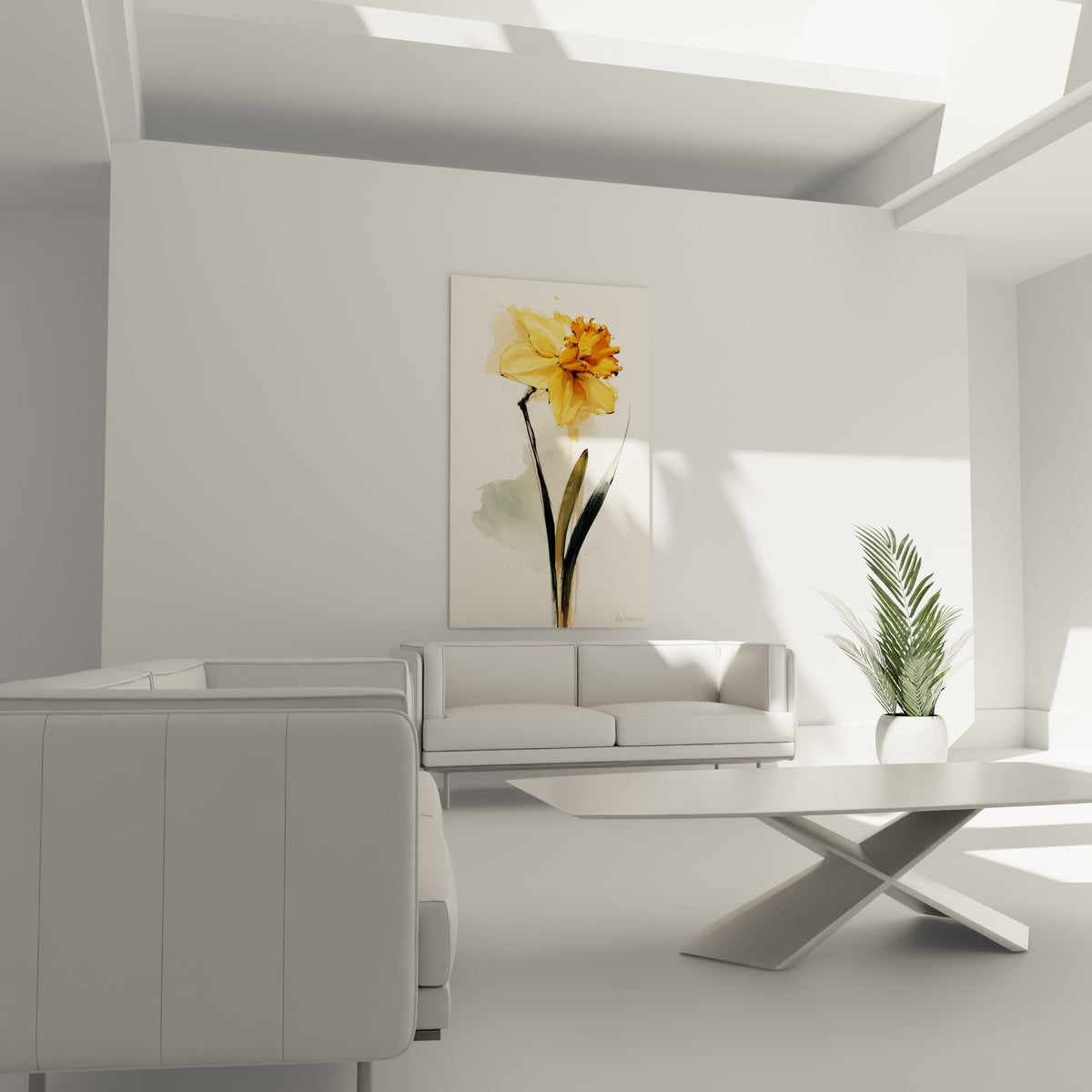 Pétales jaunes et cœur orangé de la jonquille peinte, au-dessus d'un canapé dans un salon lumineux