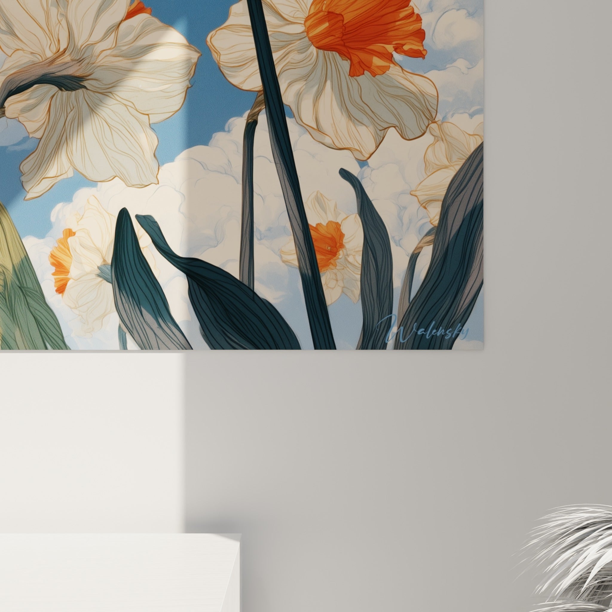 Détail des nervures orangées et du grain pictural sur les pétales blancs de la jonquille accrochée