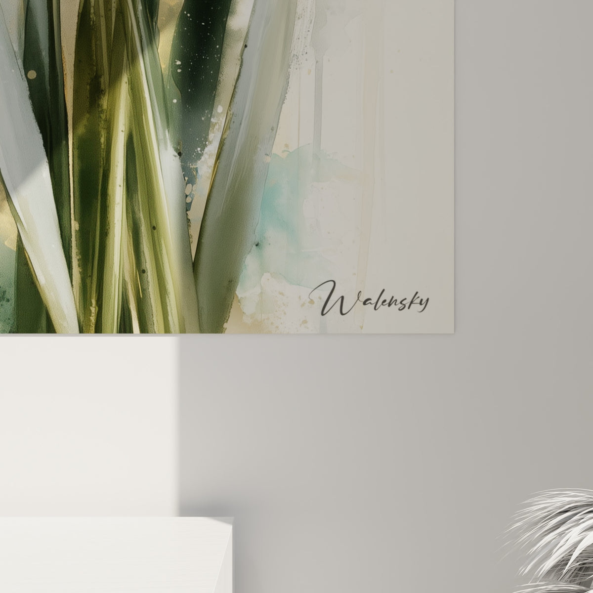 Détail des pétales blancs et du cœur doré d'une jonquille, grain aquarelle et coulures visibles sur toile
