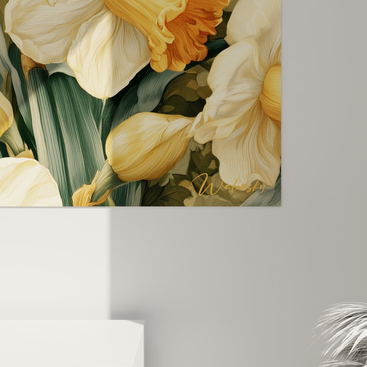 Détail des pétales de jonquilles crème et dorées, grain fin et veines visibles, coeurs cuivrés rapprochés
