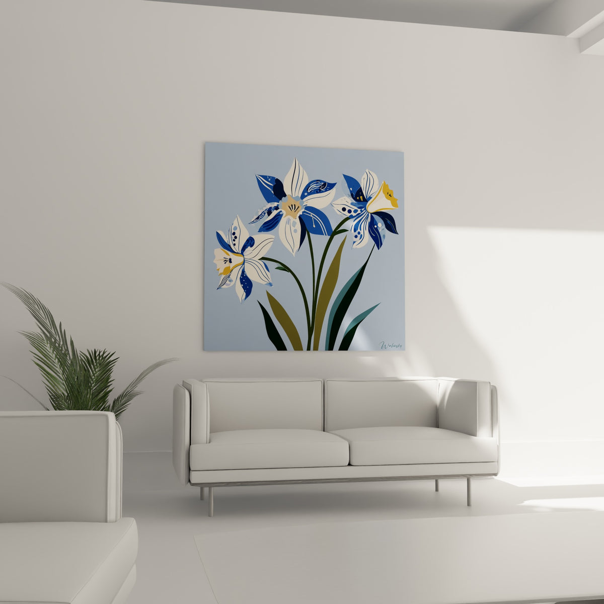 Fleurs de jonquille ivoire et anthracite au-dessus d'un canapé dans un salon lumineux