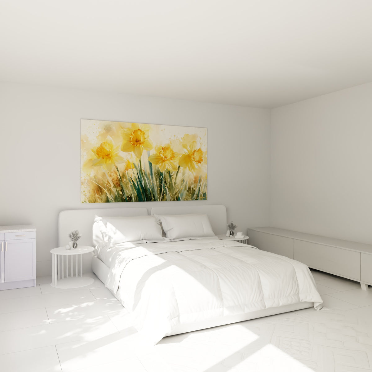 Bouquet de jonquilles dorées et vertes accroché au-dessus d'un lit dans une chambre claire