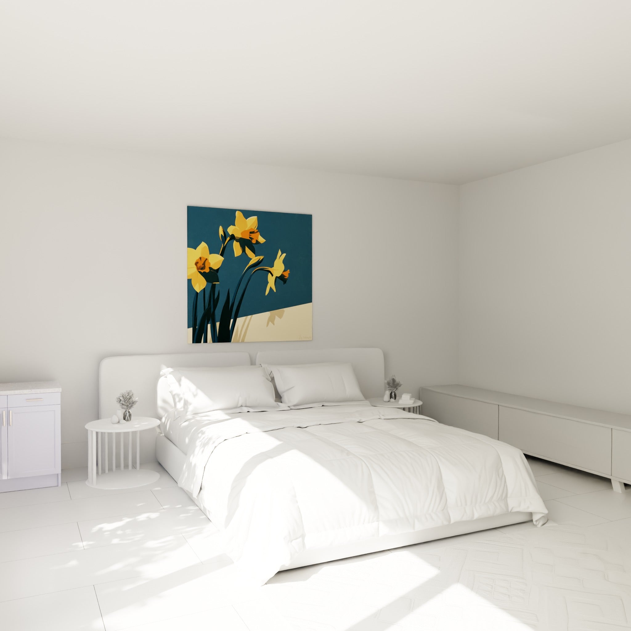 Trois jonquilles dorées et bleu marine surplombent un lit dans une chambre claire