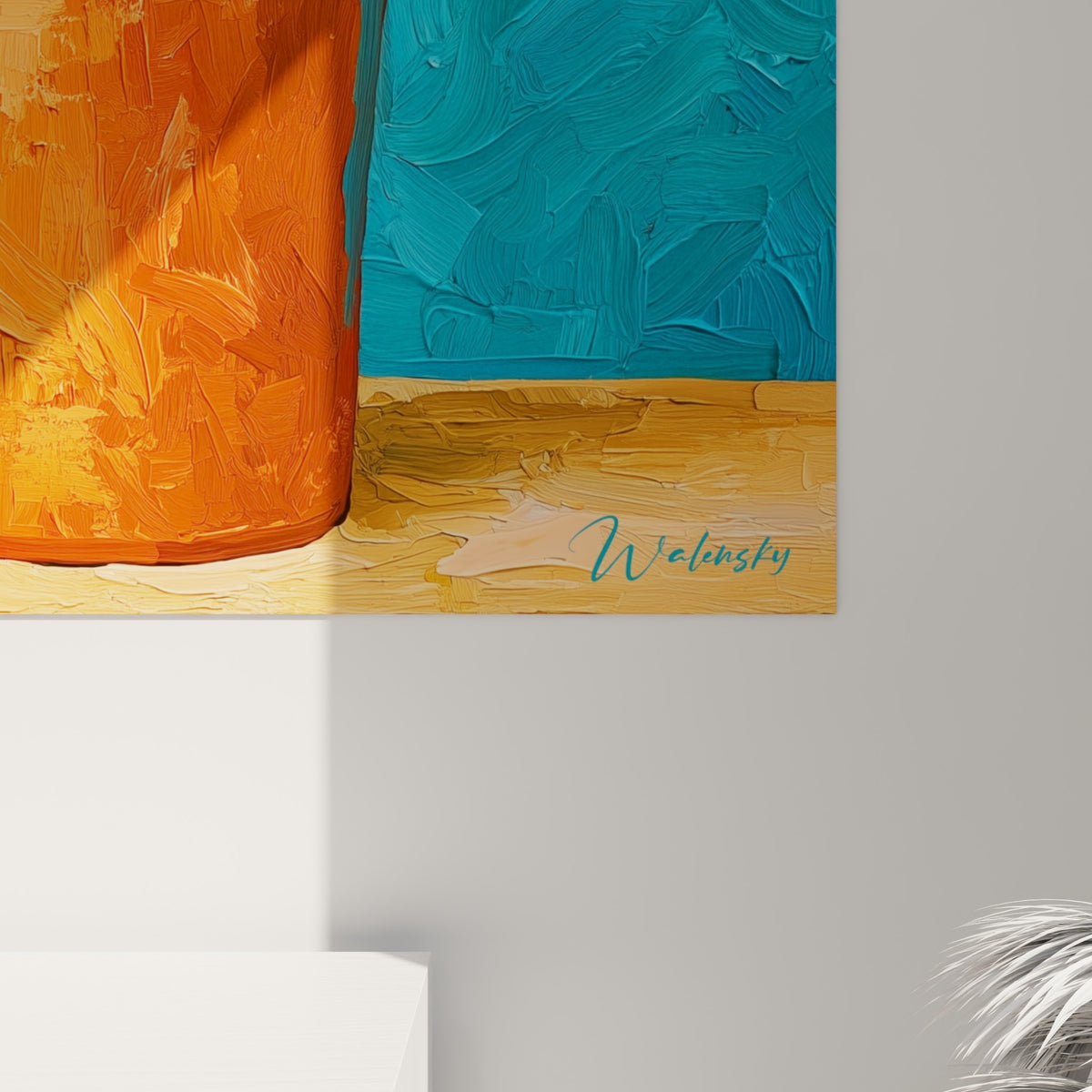 Empâtements épais de peinture jaune et bleu turquoise visibles sur les pétales et le fond du tableau