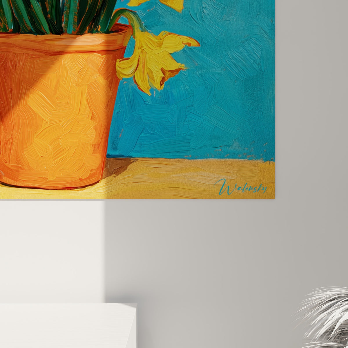 Pétales jaunes et touches orangées des jonquilles révélant les empâtements épais et le grain de la peinture