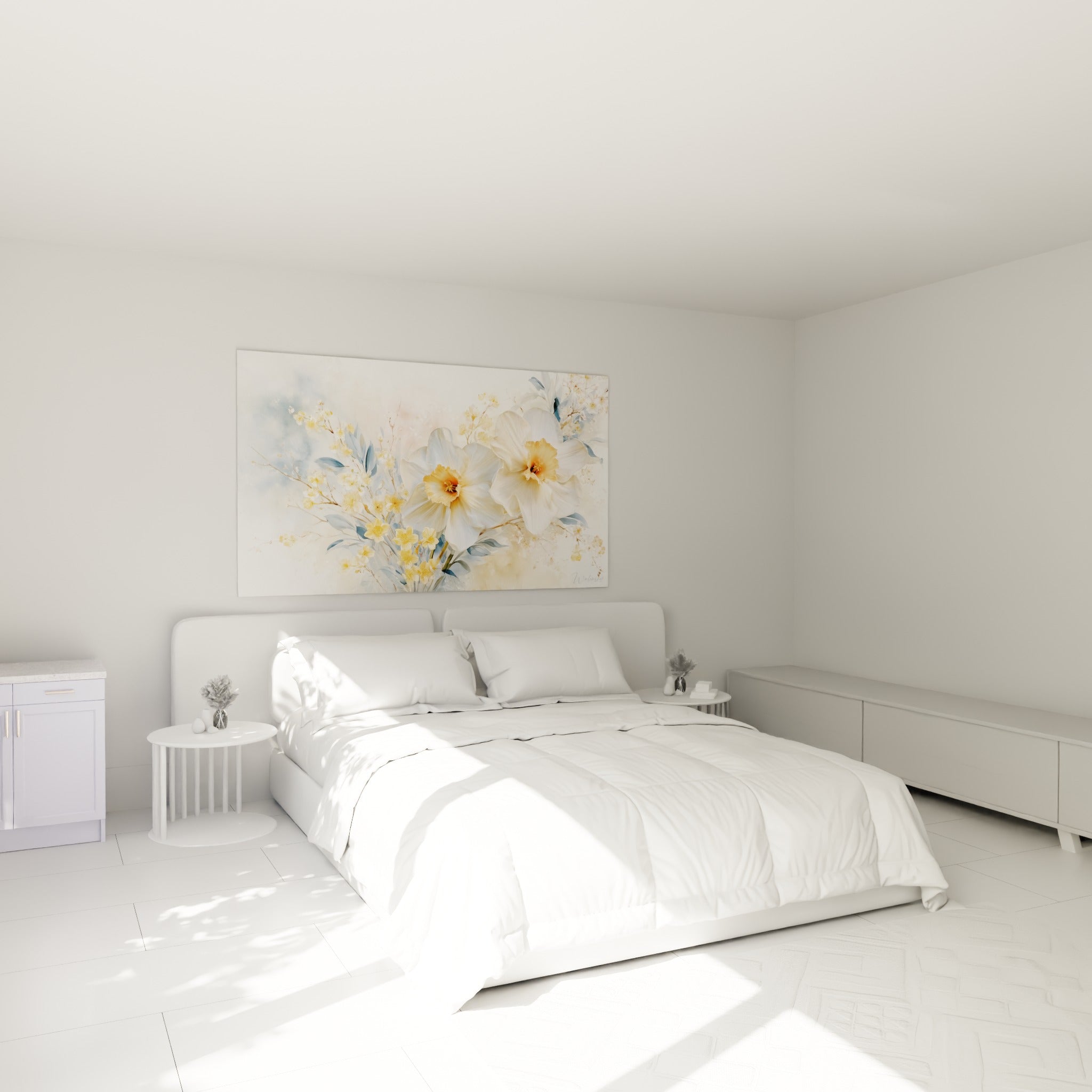 Fleurs de jonquille blanches et orangées surplombant un lit dans une chambre claire