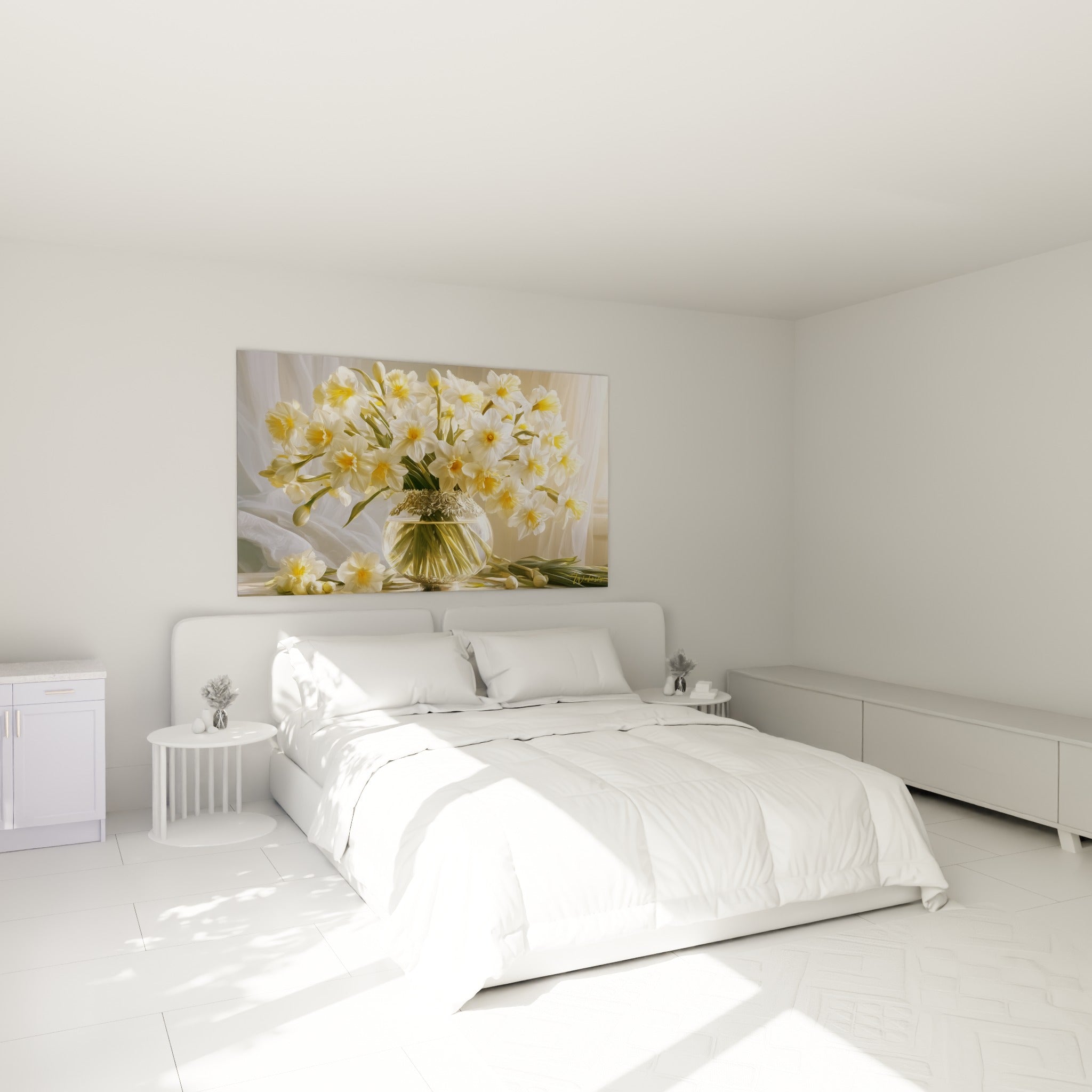 Jonquilles blanches aux cœurs dorés peintes au-dessus d'un lit dans une chambre claire