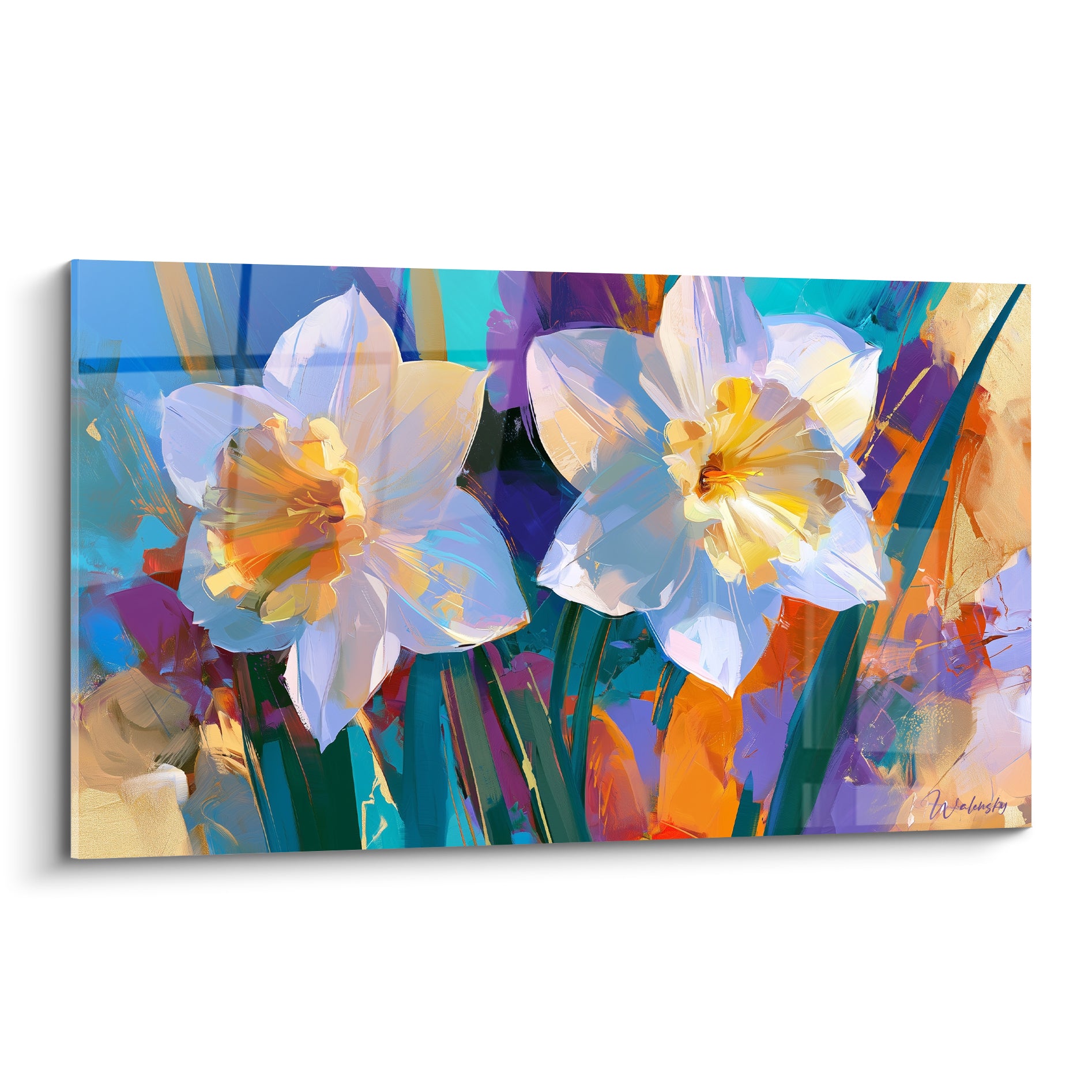Jonquilles blanches aux cœurs dorés sur fond turquoise et violet, peinture expressive et texturée