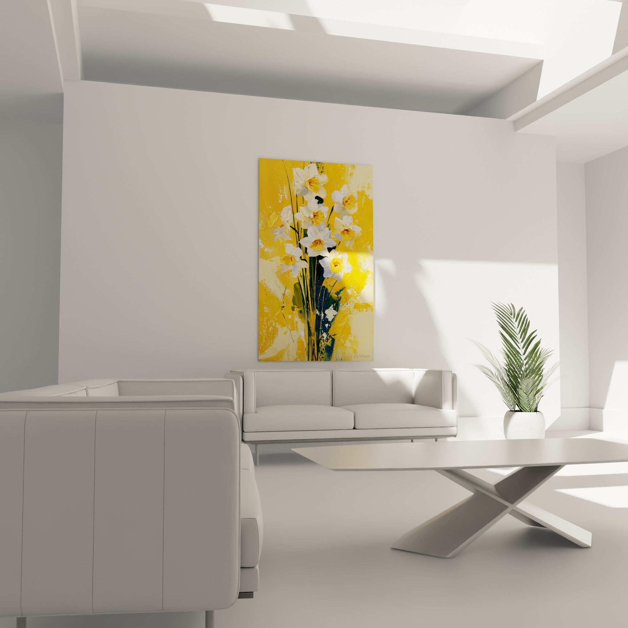 Fleurs de jonquille blanches sur fond jaune vif installées au-dessus d'un canapé dans un salon lumineux