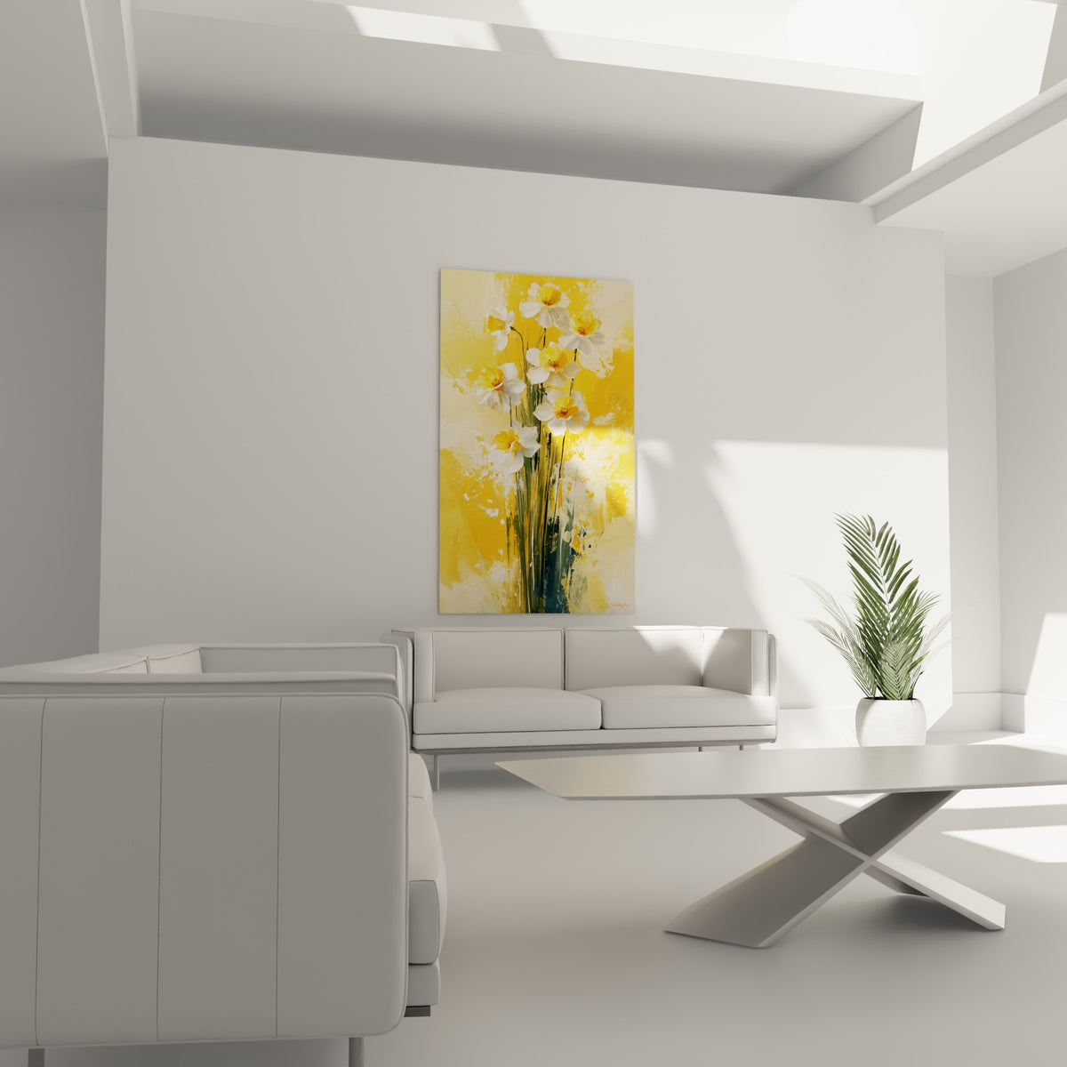 Fleurs de jonquille blanches et dorées disposées au-dessus d'un canapé dans un salon lumineux