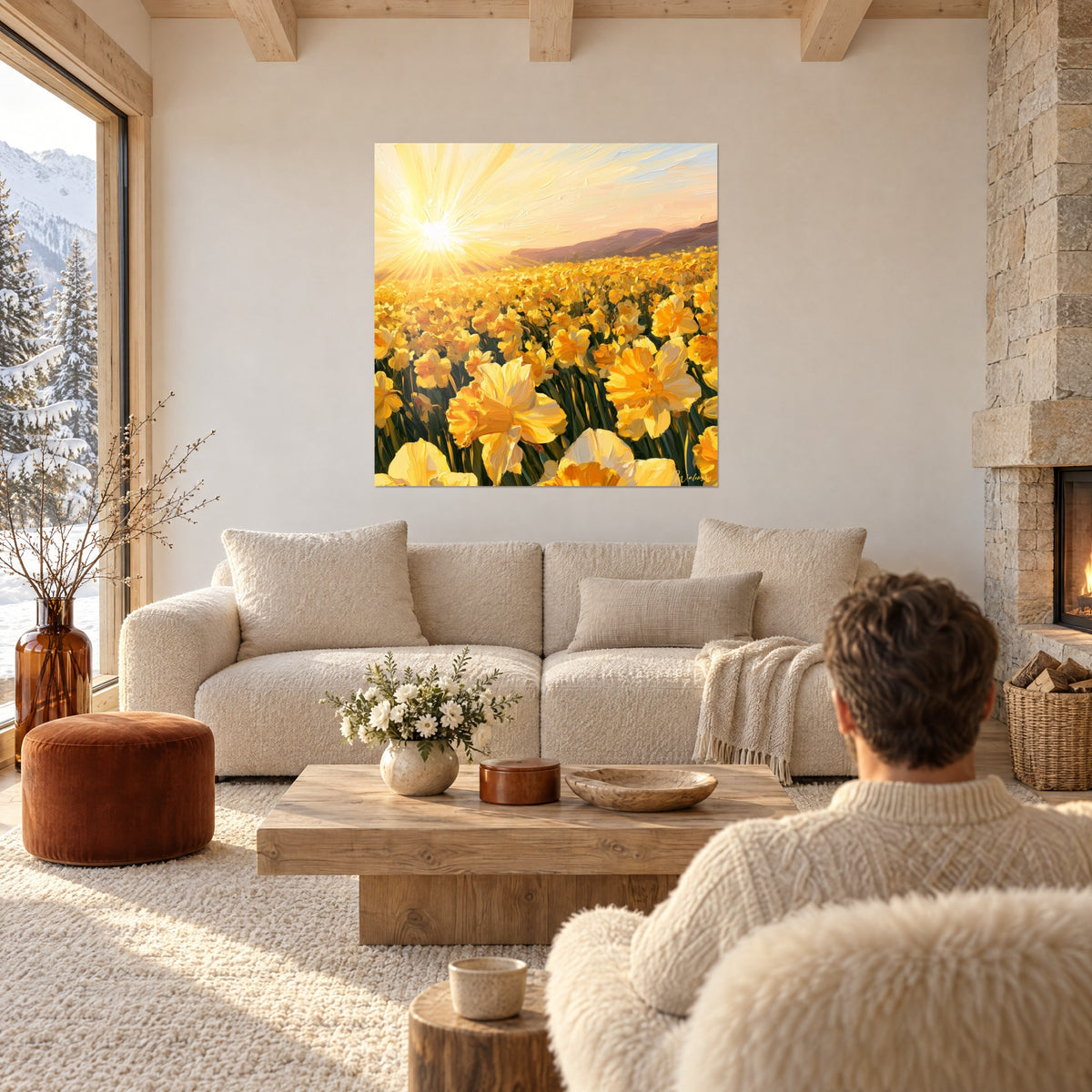 Schilderij narcissenveld in boterkleurig geel en oranje onder een stralende zon, koppel van achteren, boven een bank in een lichte woonkamer
