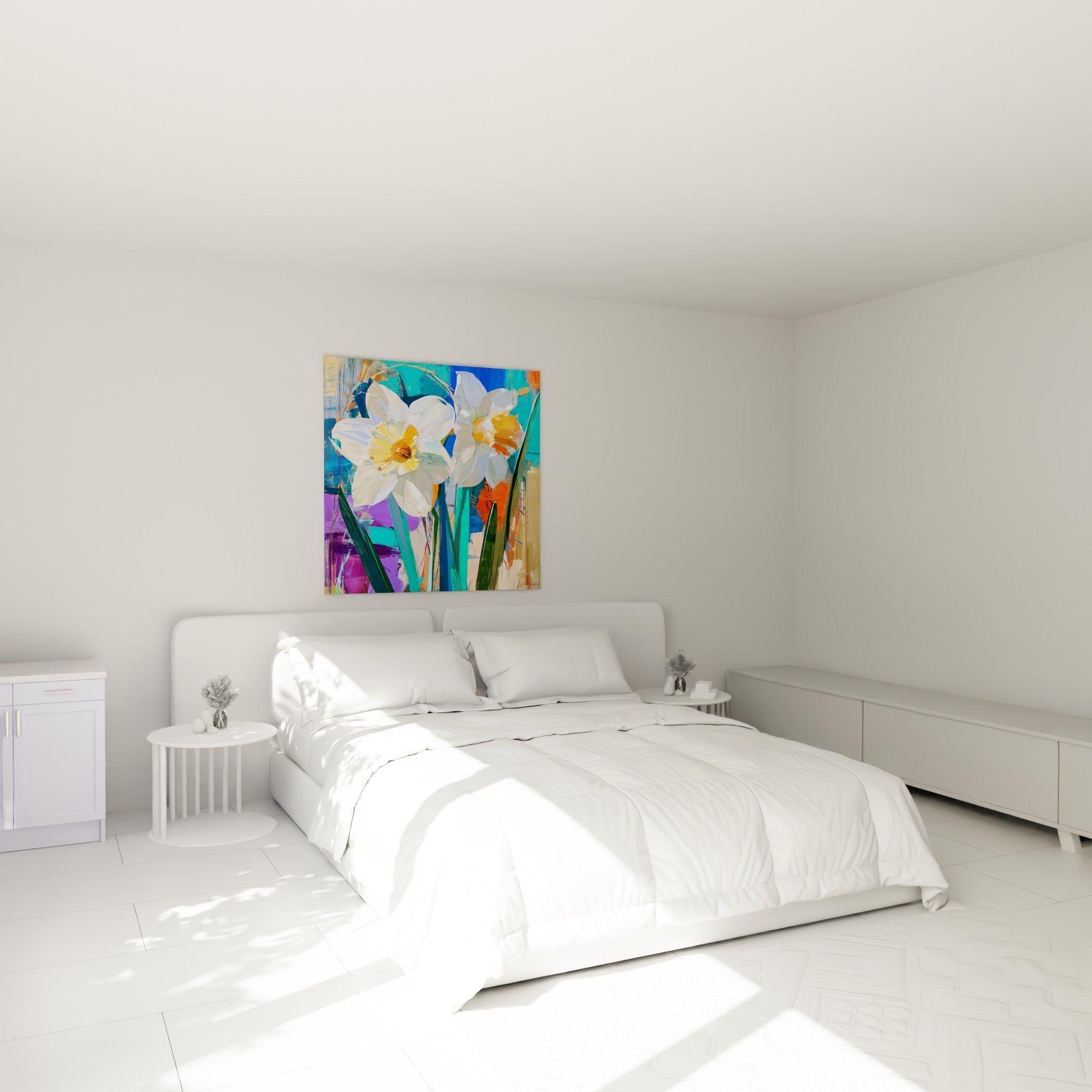 Fleurs de jonquille blanches et orangées peintes sur fond turquoise, au-dessus d'un lit dans une chambre claire