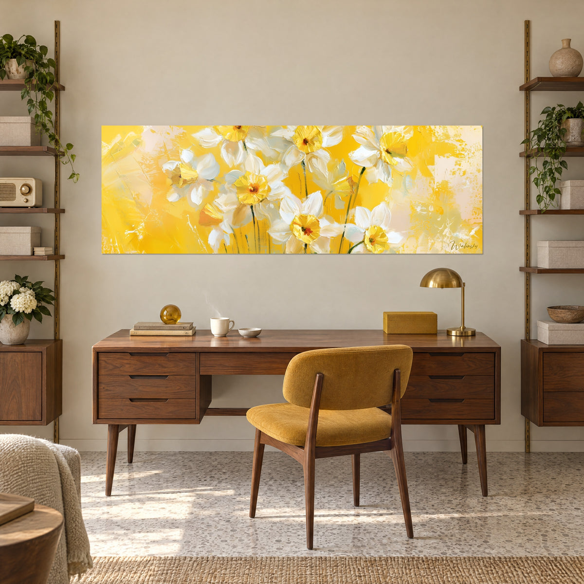 Tableau champ de jonquilles vues de près, pétales blancs et fond jaune doré lumineux, au-dessus d'un bureau en bois