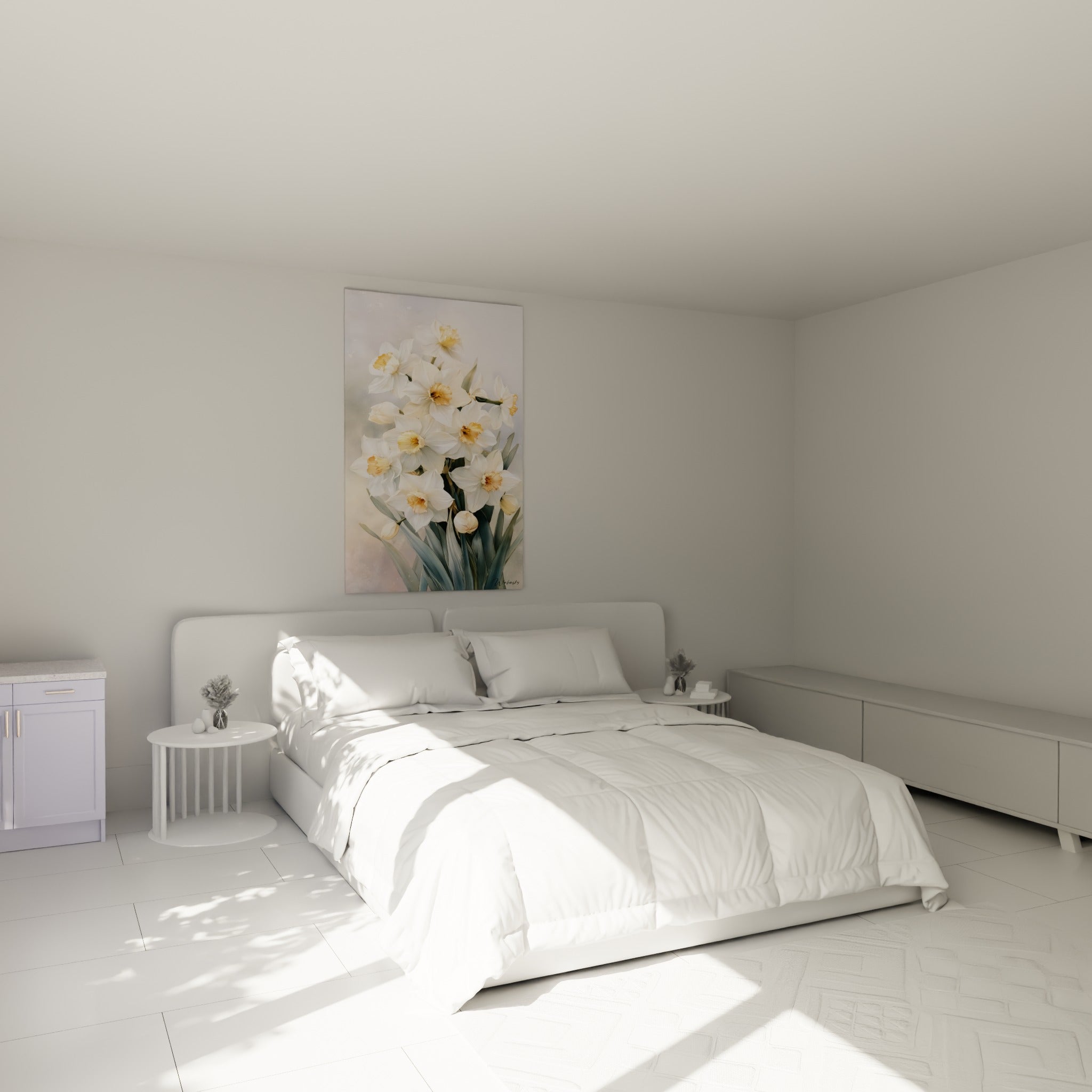 Jonquilles ivoire et abricot peintes en douceur, au-dessus d'un lit dans une chambre claire