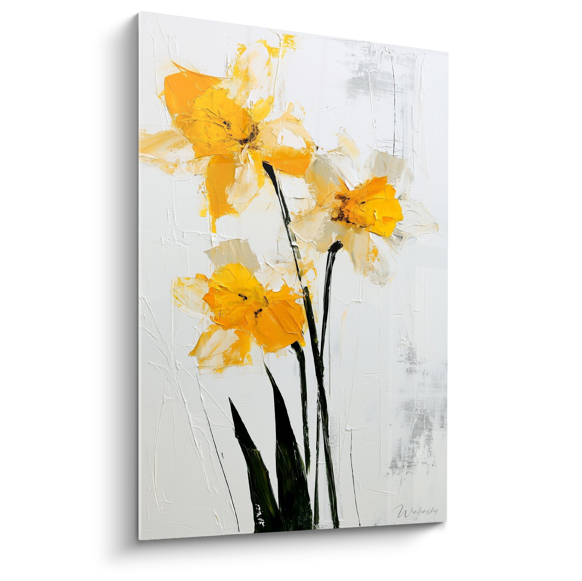 Jonquilles jaunes et blanches peintes à l'huile sur fond gris texturé, empâtements marqués