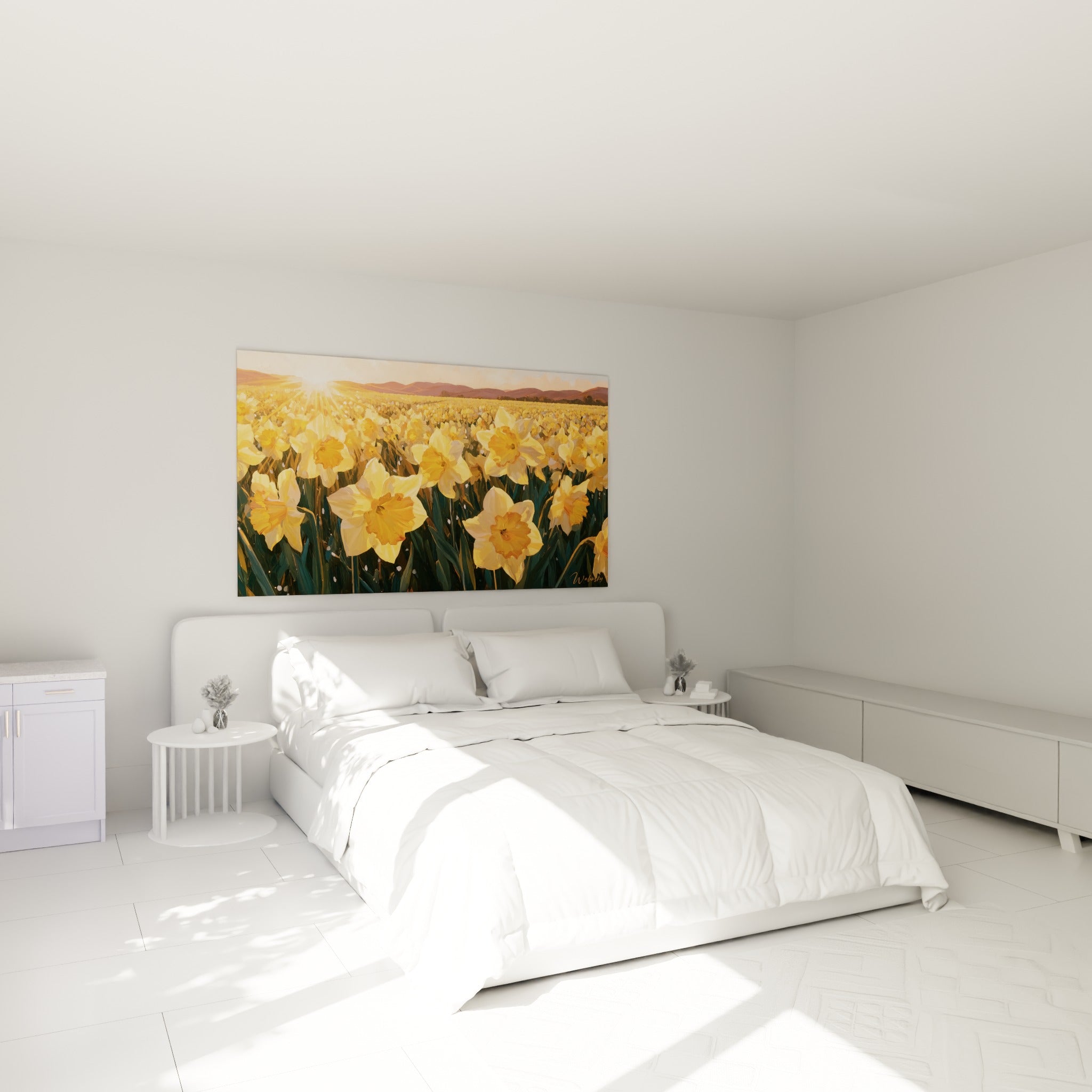 Champ de jonquilles jaune et vert profond accroché au-dessus d'un lit dans une chambre claire