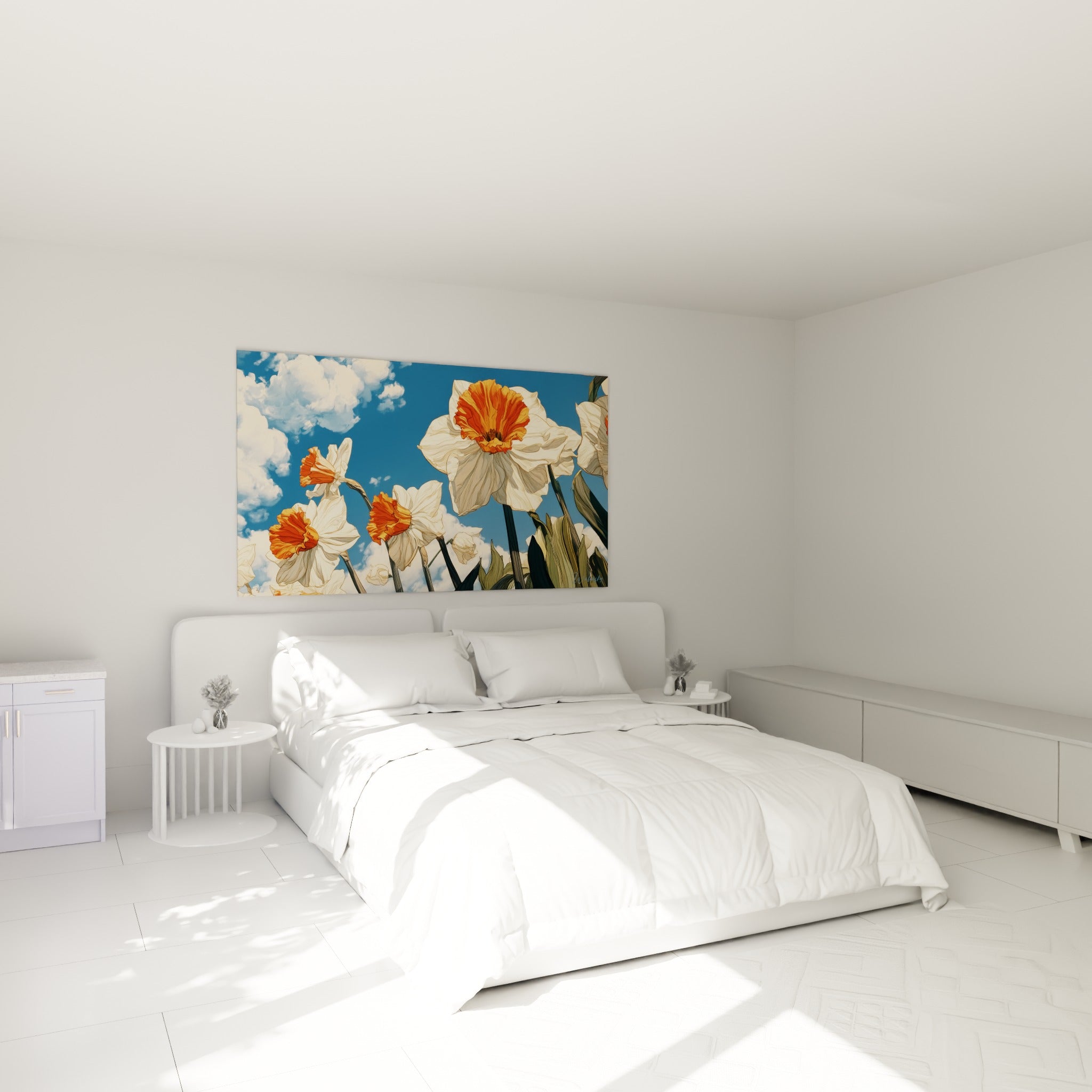 Fleurs de jonquille blanches et orange vif surplombant un lit dans une chambre claire