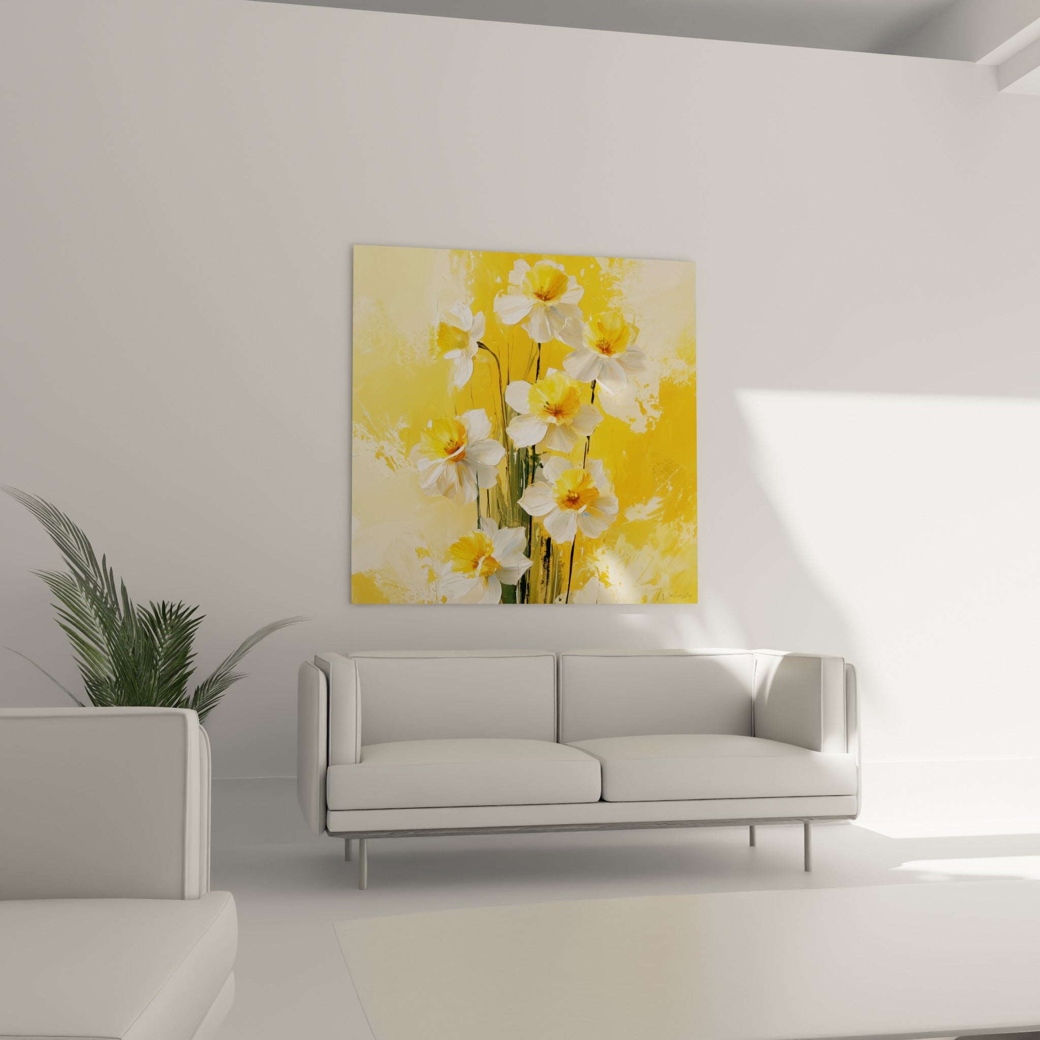 Fleurs de jonquille aux pétales blancs et centres orangés placées au-dessus d'un canapé dans un salon lumineux