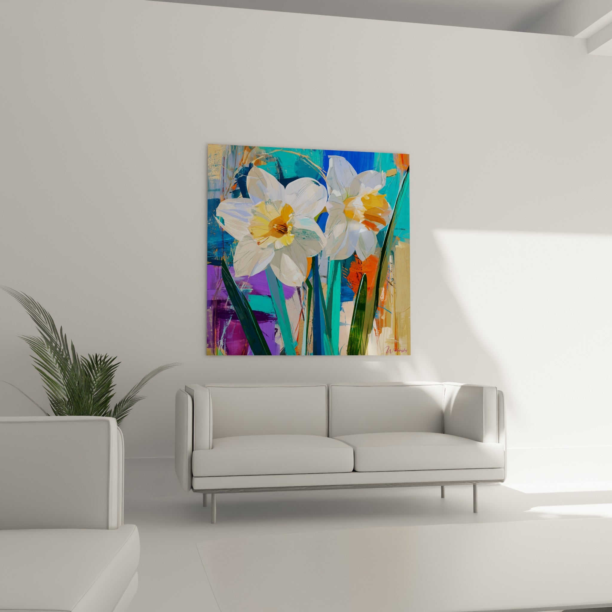 Pétales blancs des jonquilles contrastant avec un fond violet et bleu, au-dessus d'un canapé dans un salon lumineux