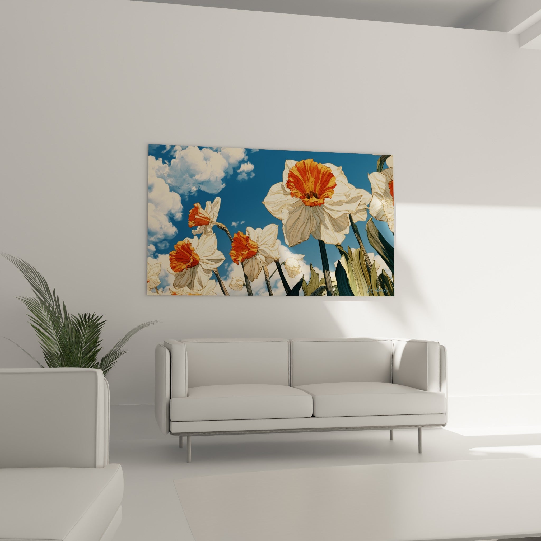 Pétales blancs et cœurs orangés de jonquilles dominant un canapé dans un salon lumineux