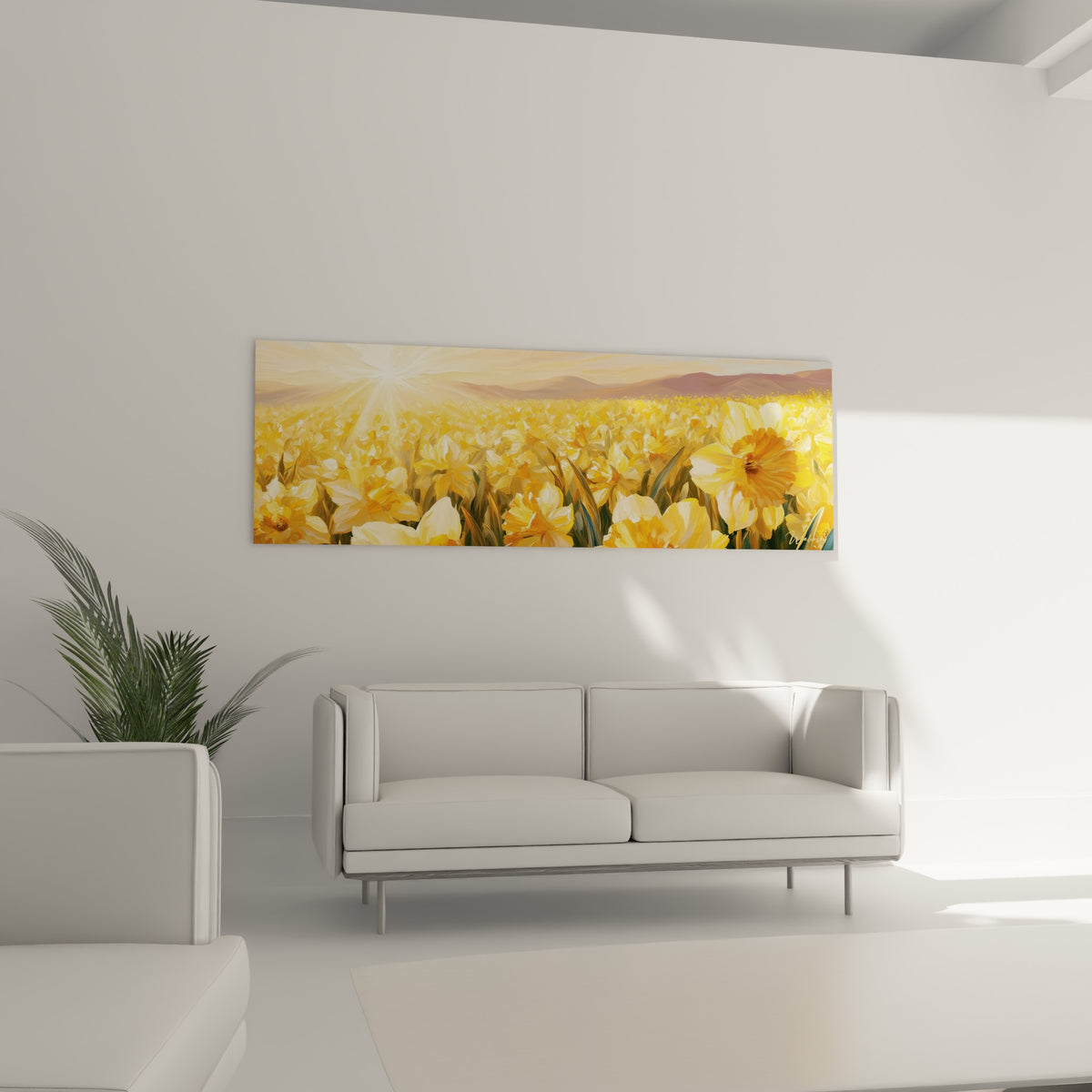 Fleurs de jonquille dorées et pétales bleu pastel en arrière-plan, au-dessus d'un canapé dans un salon lumineux