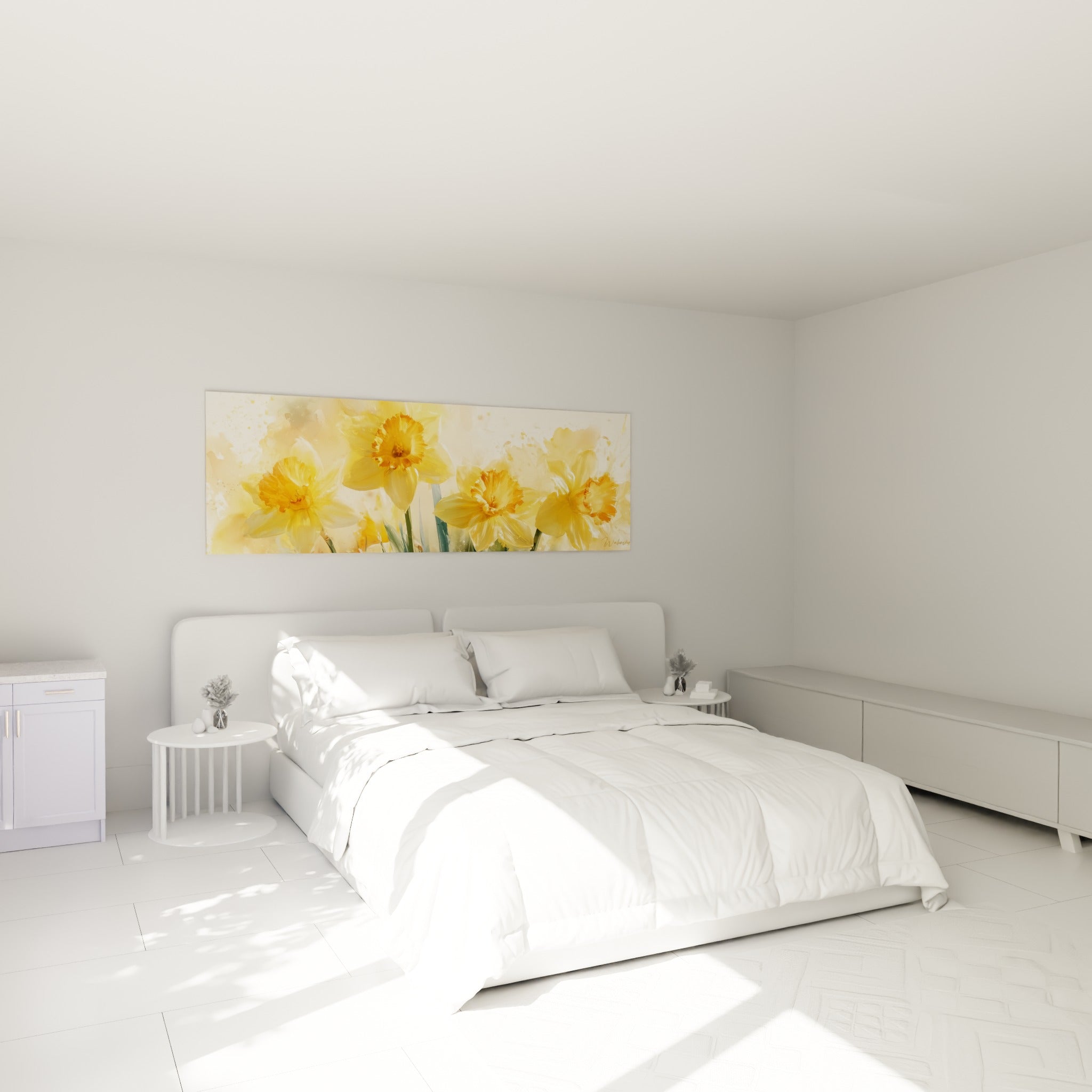 Fleurs de jonquille orangé et jaune doré au-dessus d'un lit dans une chambre claire