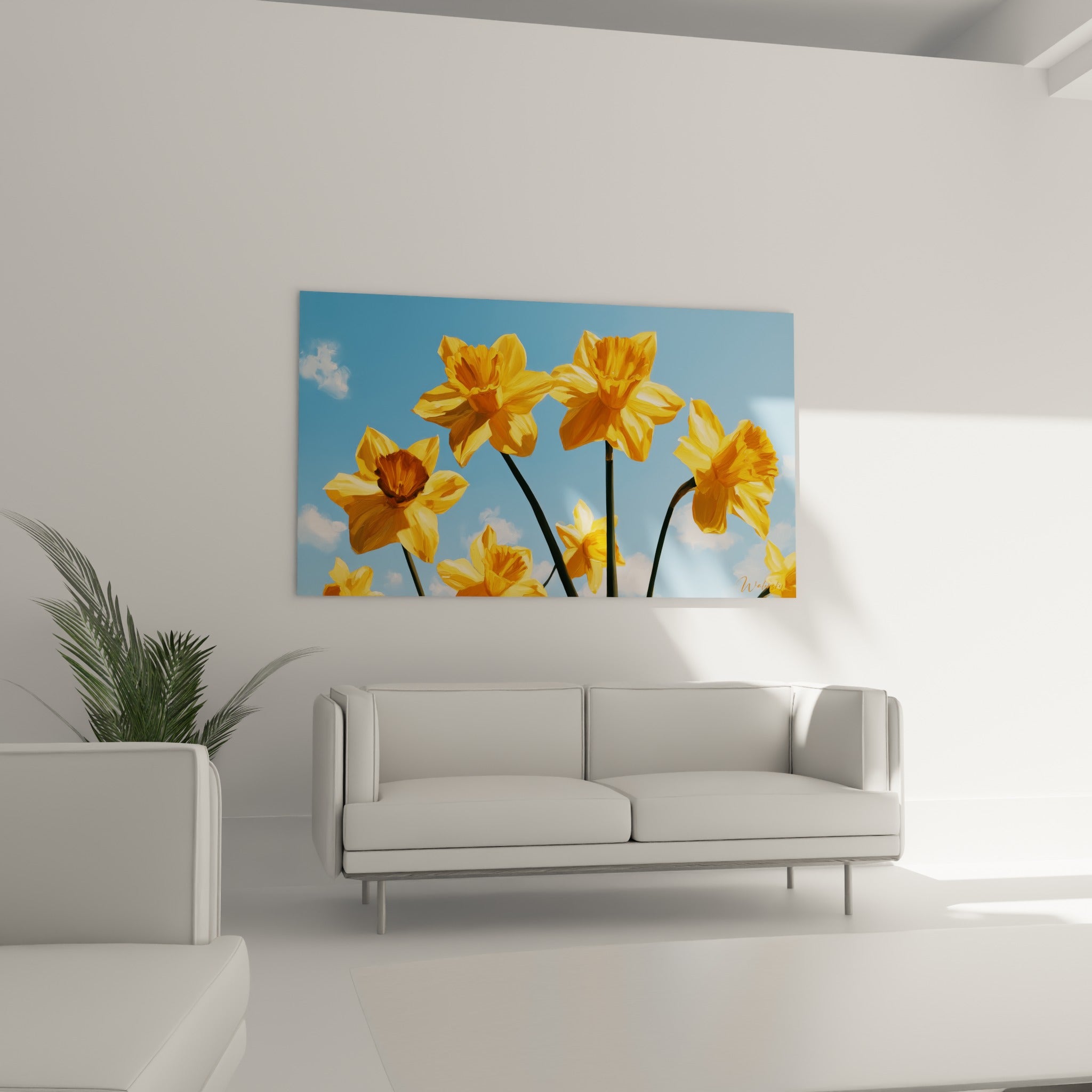 Fleurs jaunes et brunes de jonquilles disposées au-dessus d'un canapé dans un salon lumineux