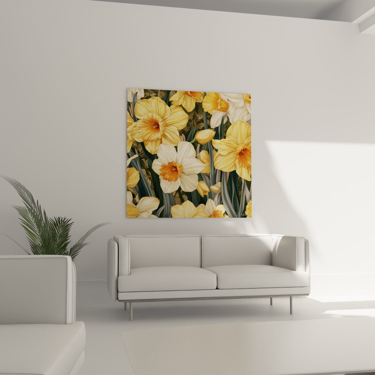 Fleurs de jonquilles jaune doré et orangées au-dessus d'un canapé dans un salon lumineux