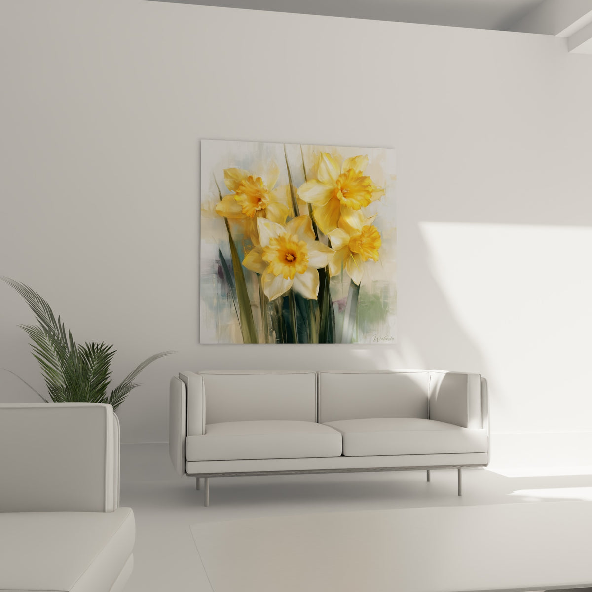 Fleurs de jonquille orangées et blanches disposées au-dessus d'un canapé dans un salon lumineux