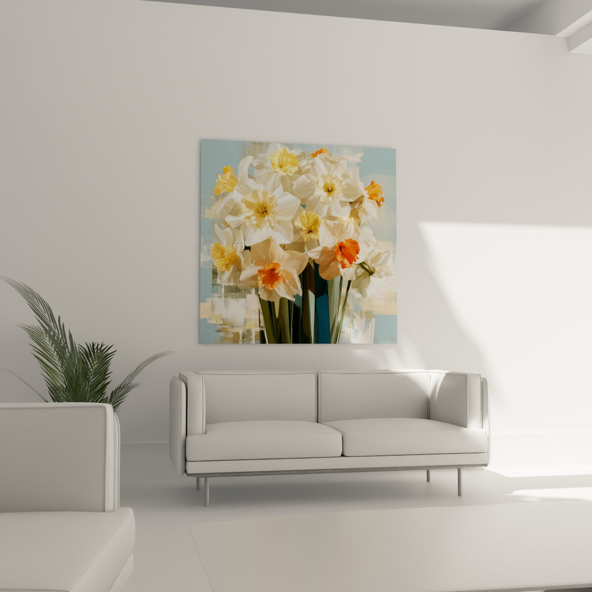 Fleurs de jonquille crème et orangées disposées au-dessus d'un canapé dans un salon lumineux