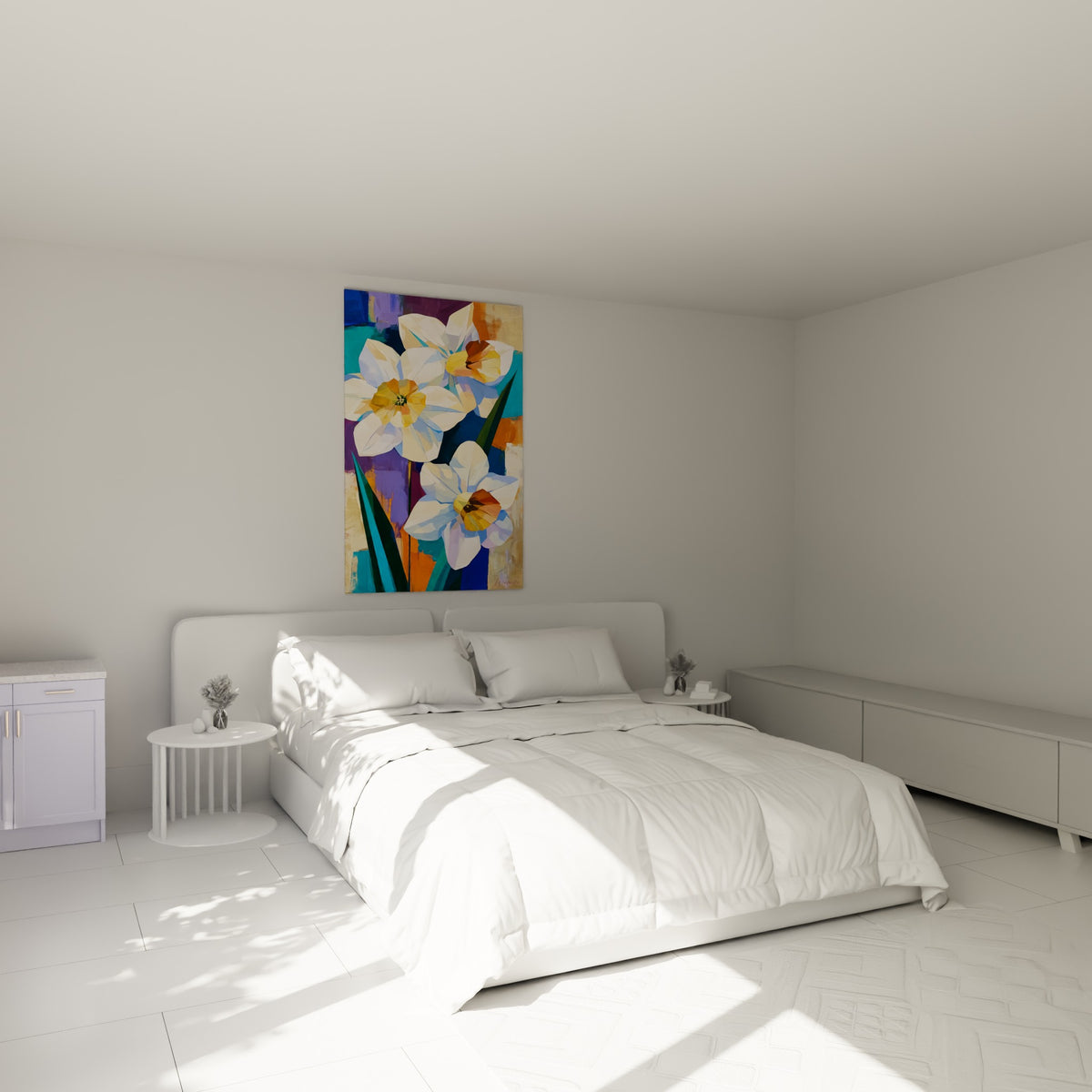 Trois jonquilles blanches et cœurs dorés au-dessus d'un lit dans une chambre claire et épurée
