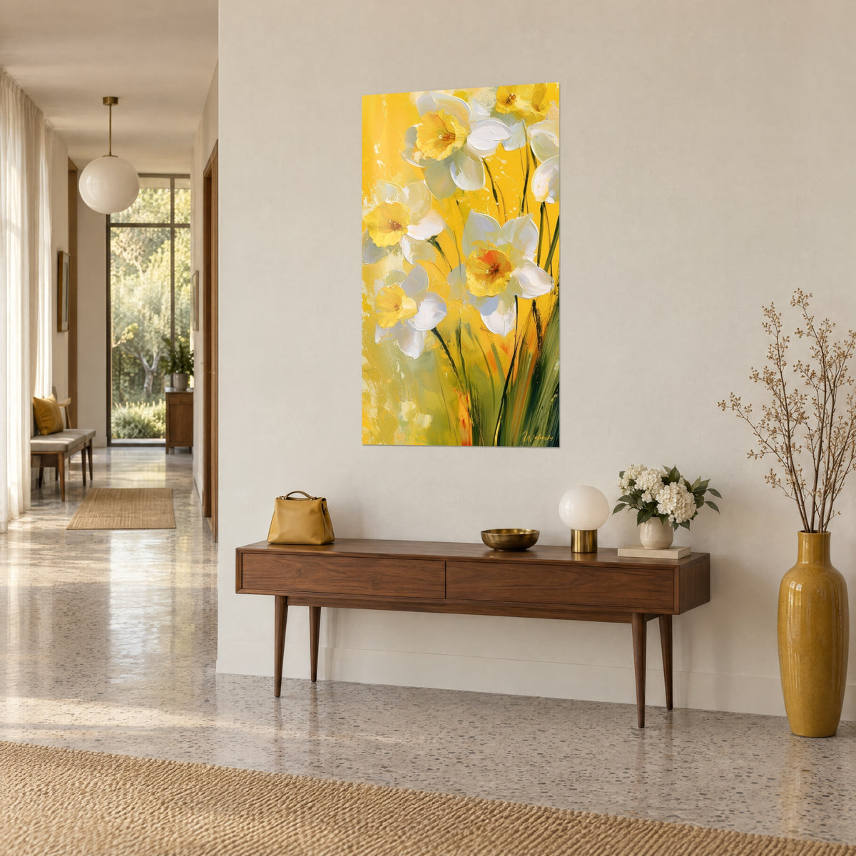 Cuadro ramo de narcisos blancos y amarillos, tallos verde oscuro, encima de una consola de madera, vista de tres cuartos