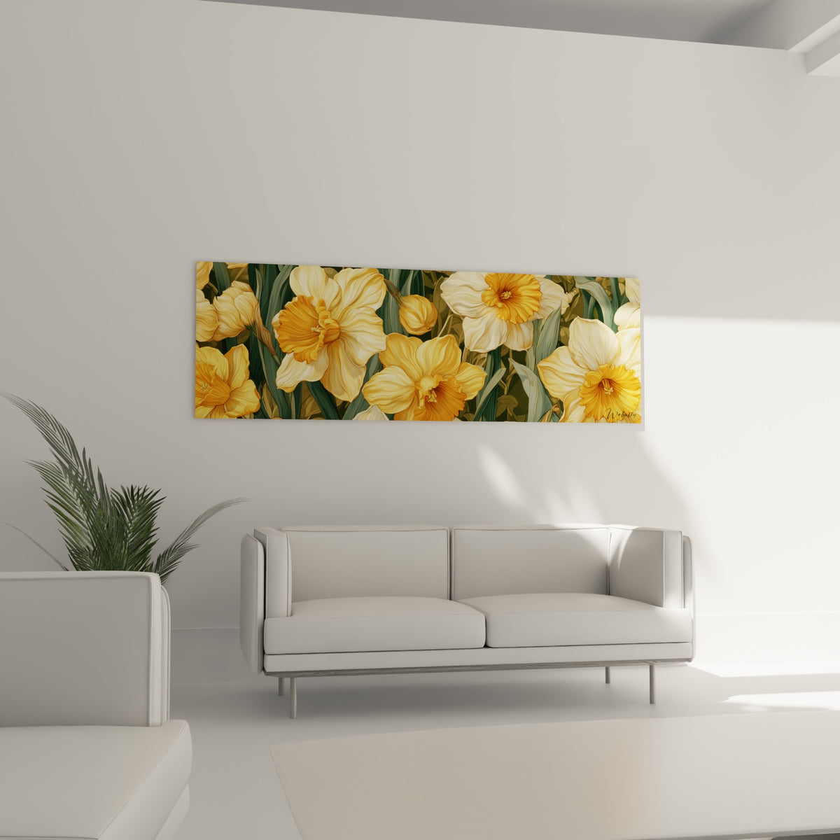 Fleurs de jonquilles jaune safran et vert kaki disposées au-dessus d'un canapé dans un salon lumineux